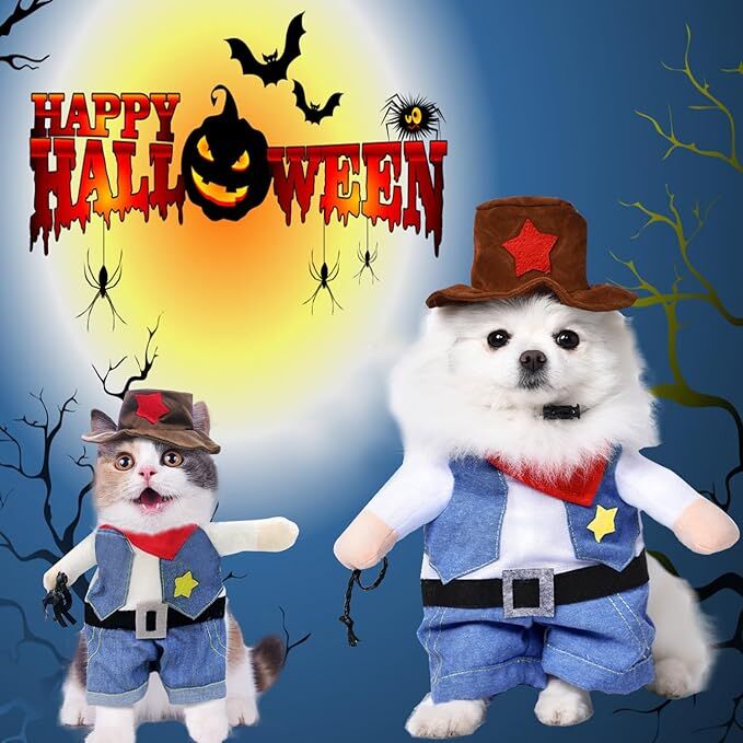 Pet products Small Dog Cowboy Costume with Hat 2pcs Funny Halloween Chucky Costumes Cool West Cowboy Uniform Puppy Denim Overalls Western Cosplay Sheriff Outfits Cat Apparel