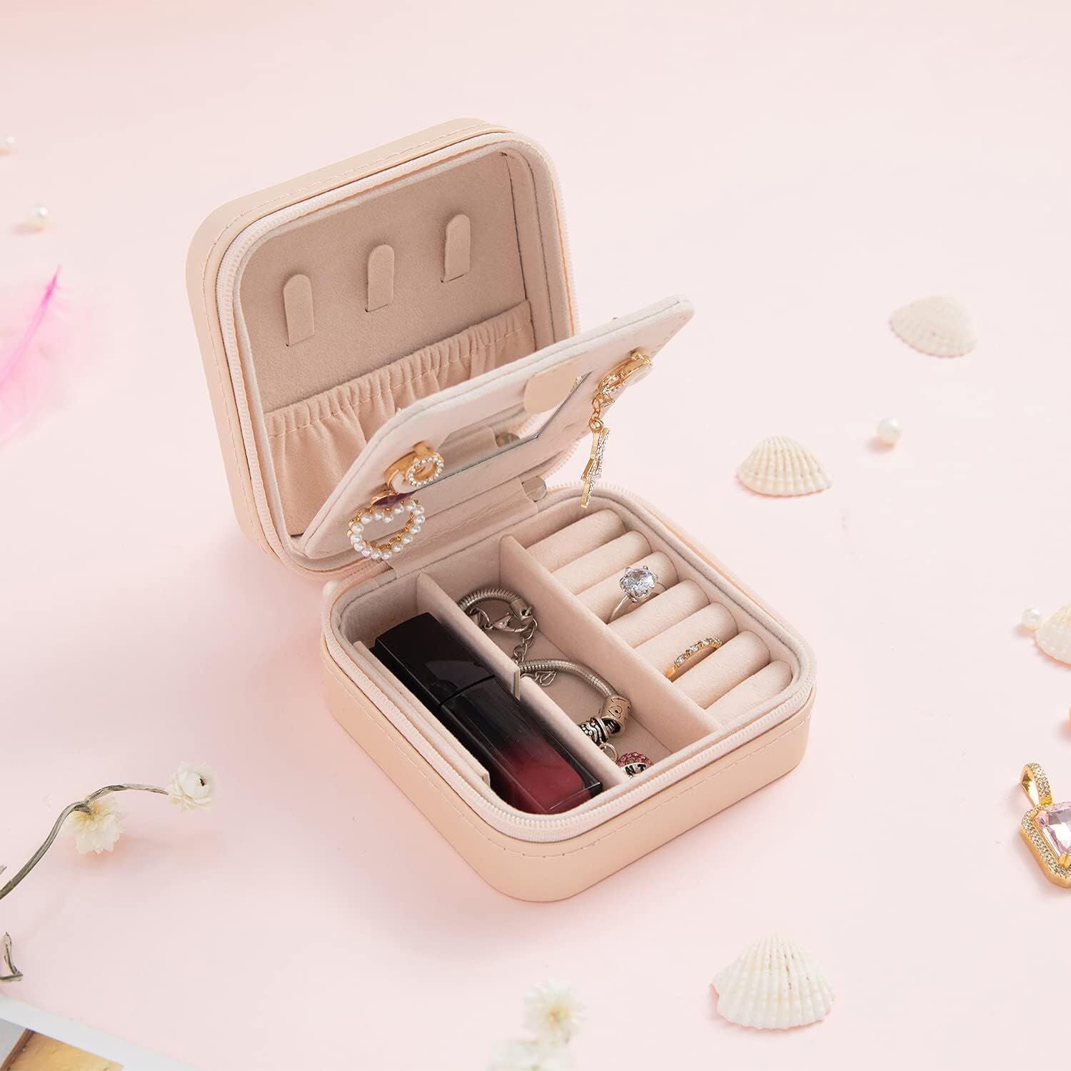 Pink Travel Jewelry Box with Mirror: Compact, Organised Storage for Rings, Necklaces & Earrings, Ideal for Aussies