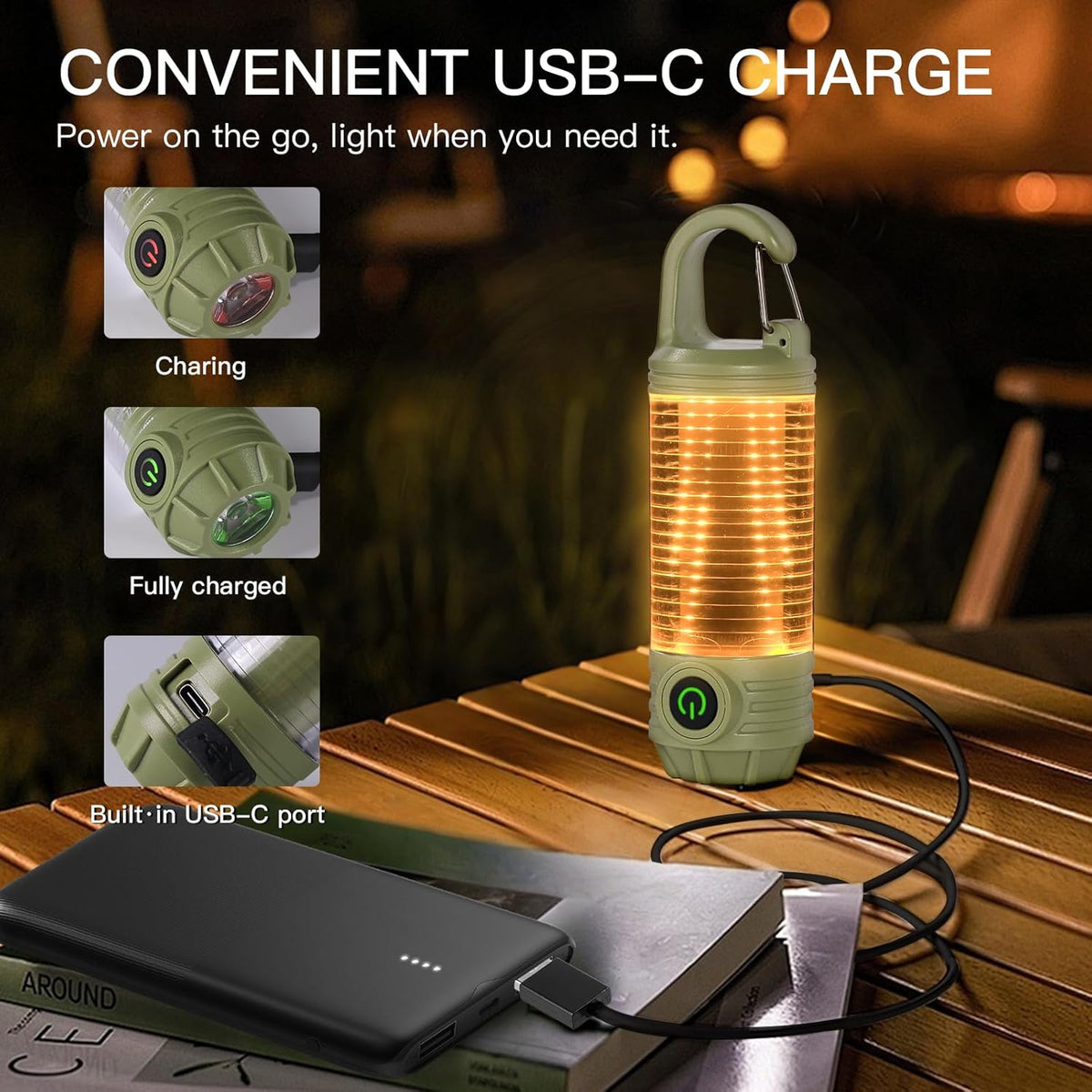 Rechargeable LED Camping Lantern Flashlight: 6 Modes, USB-C, Portable for Hiking, Emergency, Night Walking & Outdoor Adventures（green）