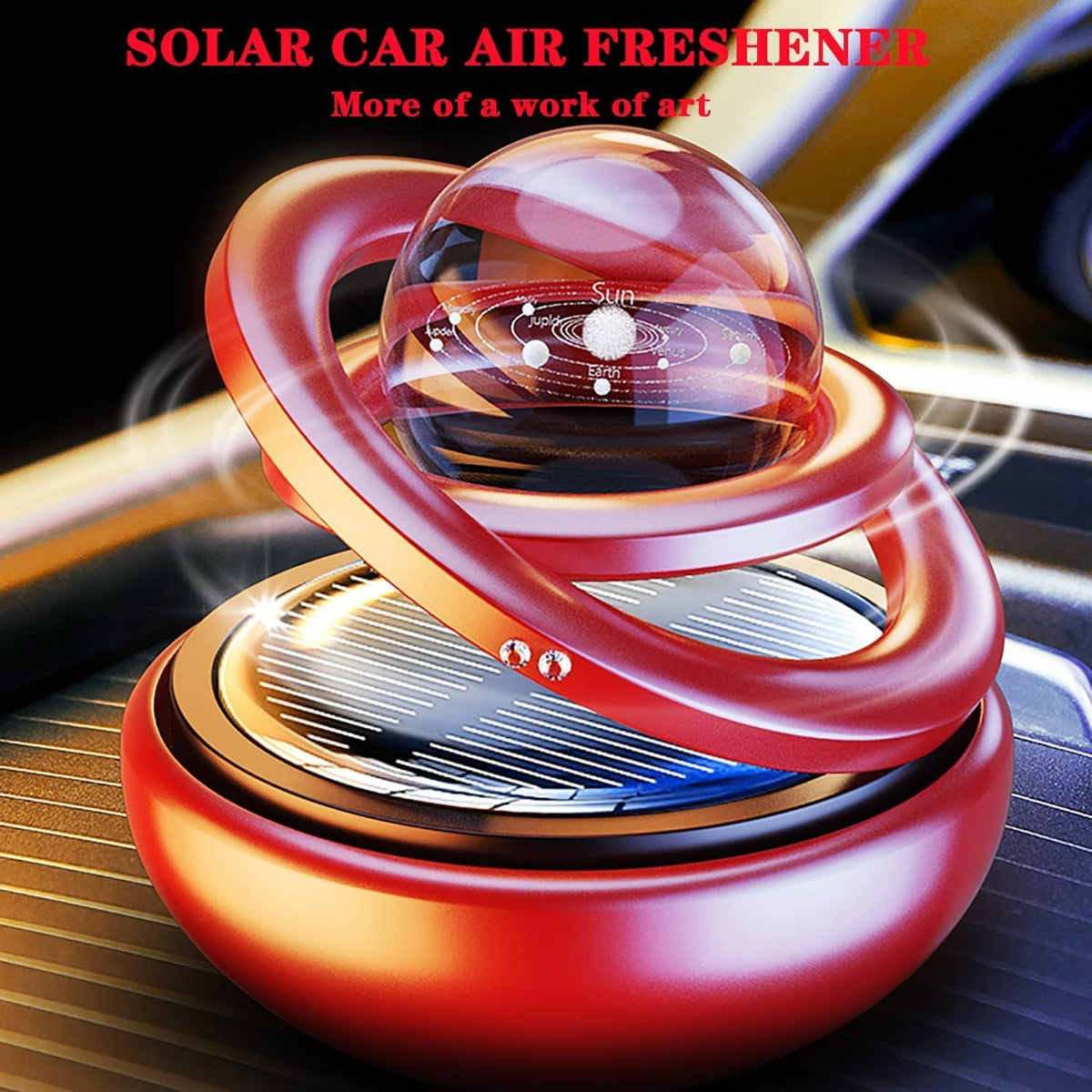 Red Solar-Powered Rotating Car Air Freshener: Space-Themed Dashboard Decor with Ocean Scent & 16 Cologne Pads