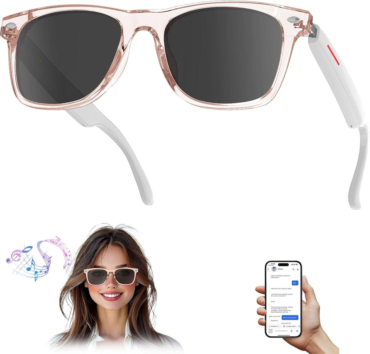 AI Smart Translation Sunglasses: UV400, Bluetooth, 110+ Languages, Voice Control – Ideal for Travel &amp; Work (Pink)