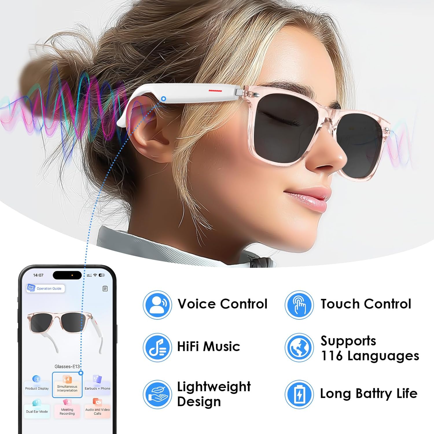 AI Smart Translation Sunglasses: UV400, Bluetooth, 110+ Languages, Voice Control – Ideal for Travel & Work (Pink)