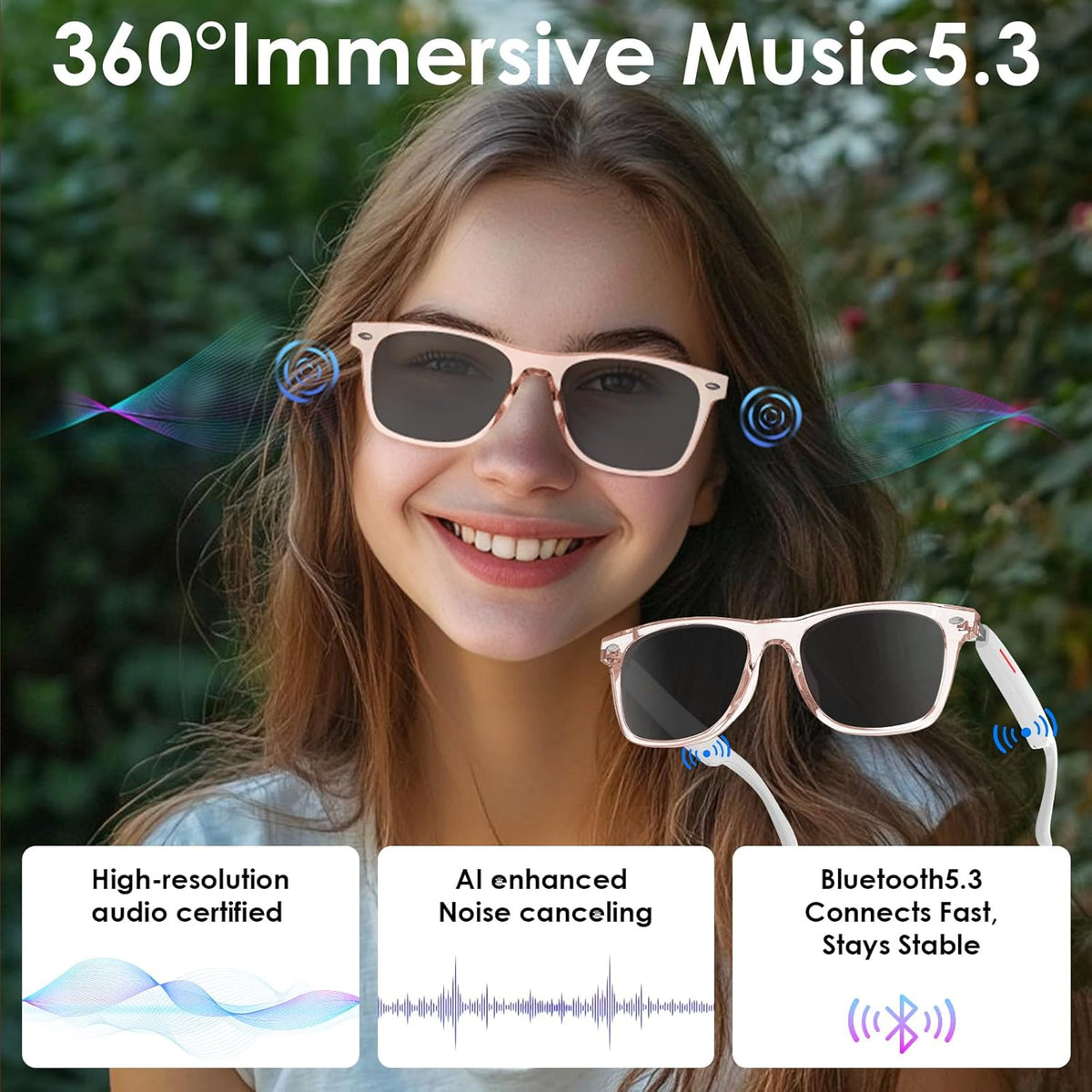 AI Smart Translation Sunglasses: UV400, Bluetooth, 110+ Languages, Voice Control – Ideal for Travel & Work (Pink)