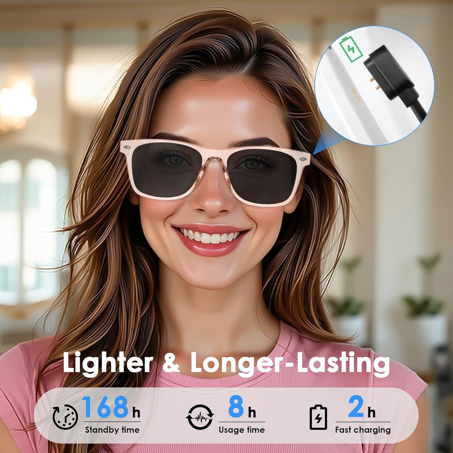 AI Smart Translation Sunglasses: UV400, Bluetooth, 110+ Languages, Voice Control – Ideal for Travel & Work (Pink)