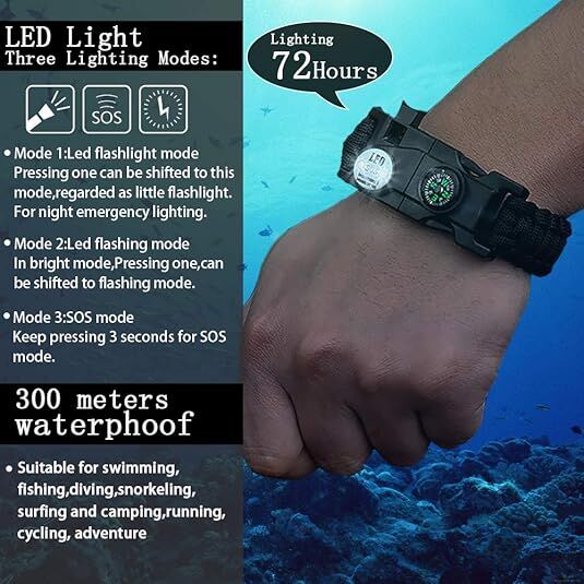 21 in 1 Survival Bracelet, Paracord Emergency Outdoor Sports Wristband Kit Waterproof Compass, SOS LED Light, Thermometer, Rescue Whistle, Fire Starter. Multi 21 Tools (Black 2 Pc)