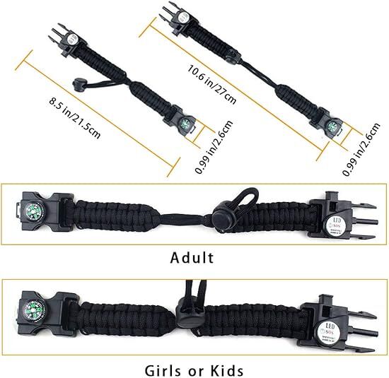 21 in 1 Survival Bracelet, Paracord Emergency Outdoor Sports Wristband Kit Waterproof Compass, SOS LED Light, Thermometer, Rescue Whistle, Fire Starter. Multi 21 Tools (Black 2 Pc)