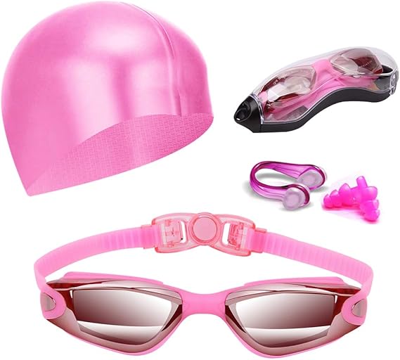 Pink Swim Goggles Set with Cap, Nose Clip, Earplugs &amp; Case: Anti-Fog UV Protection for Men &amp; Women