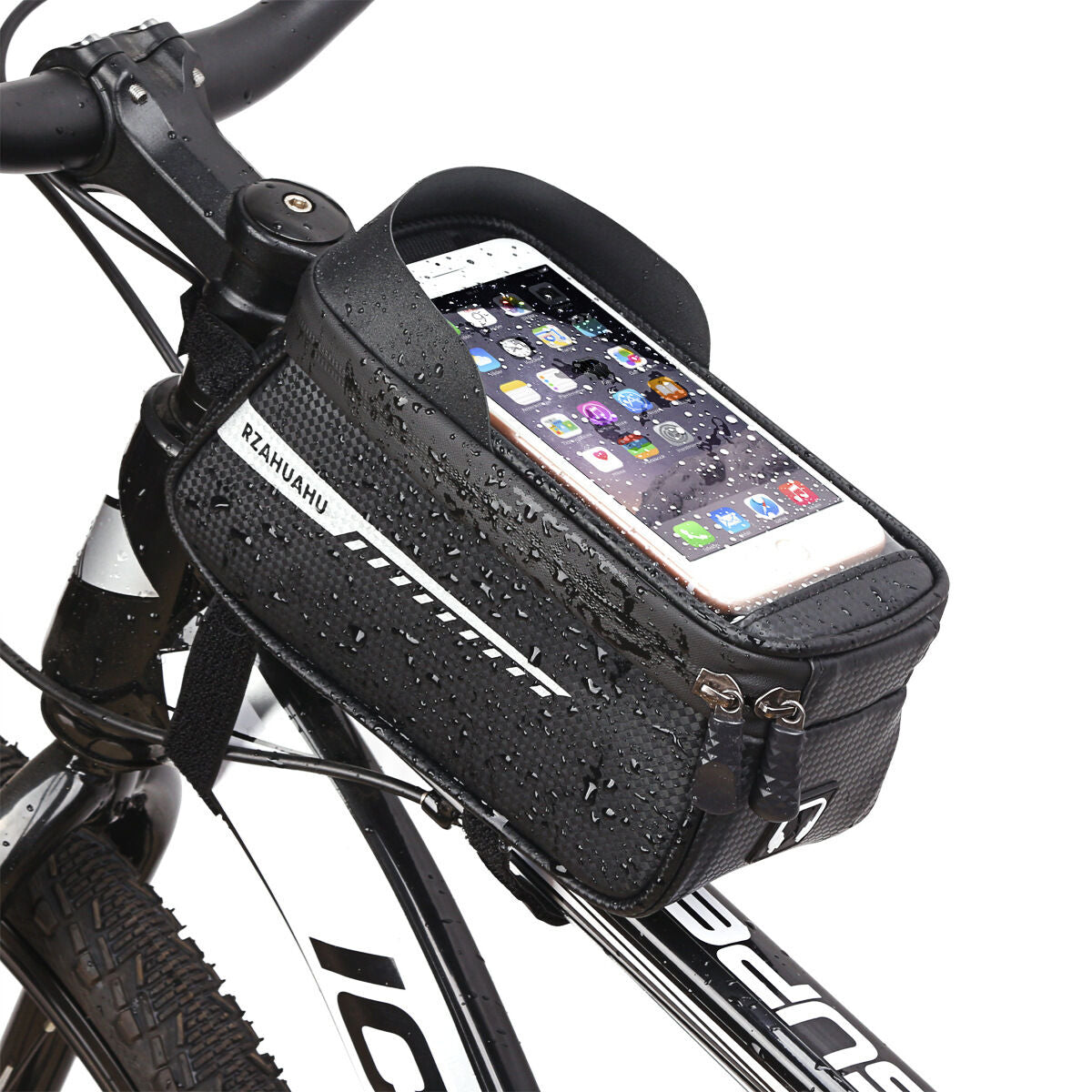 Black Waterproof Bike Frame Bag with Touchscreen &amp; Reflective Details: 6.5" Phone Compatibility, Aussie Cyclist Essential