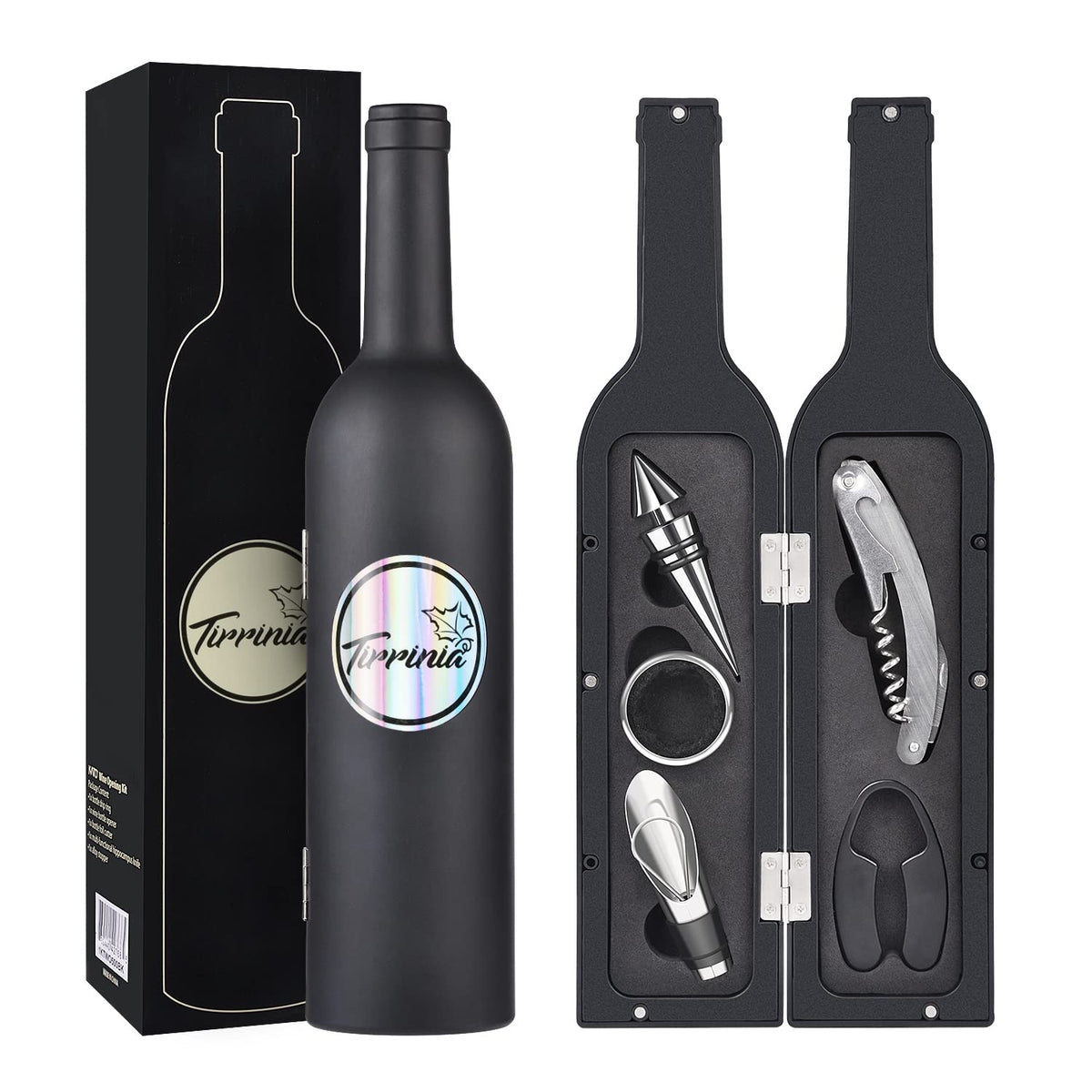 Wine Accessories Gift Set (Black), 5-Piece Bottle Corkscrew Opener Kit with Novelty Bottle-Shaped Case, Valentine&#39;s Day Gift for Wine Lovers