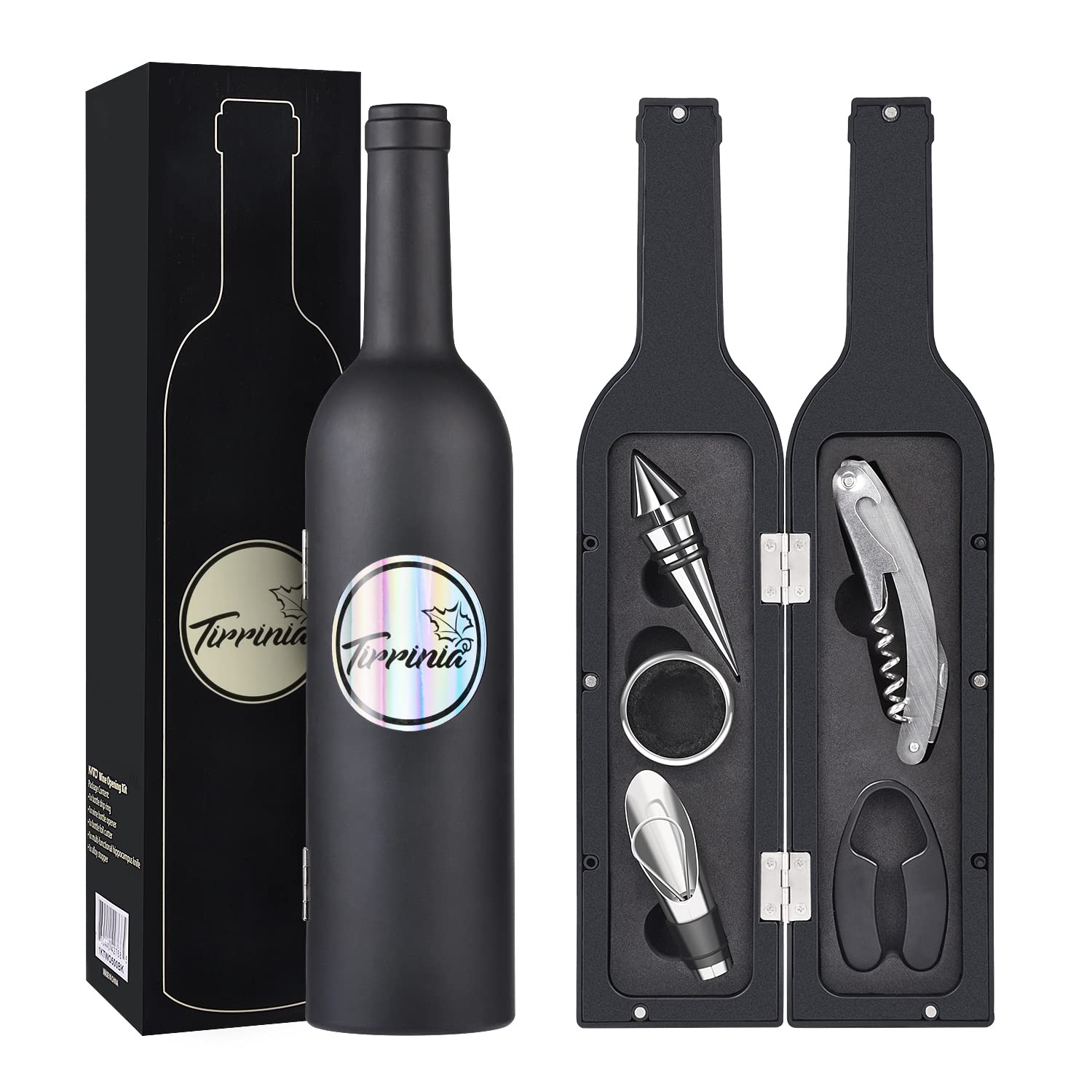 Wine Accessories Gift Set (Black), 5-Piece Bottle Corkscrew Opener Kit with Novelty Bottle-Shaped Case, Valentine's Day Gift for Wine Lovers