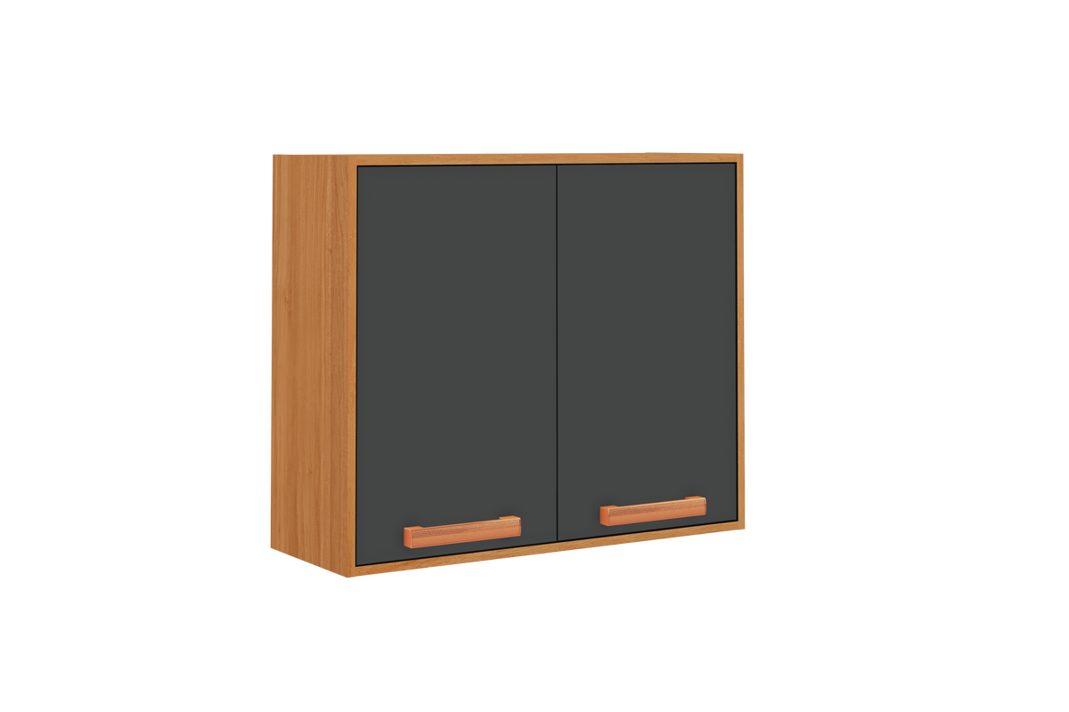 Flat Pack DIY Wooden Kitchen Wall Cabinet with 2 Doors + 2 Shelves in White/ Graphite and Cinnamon Finish - Napoles
