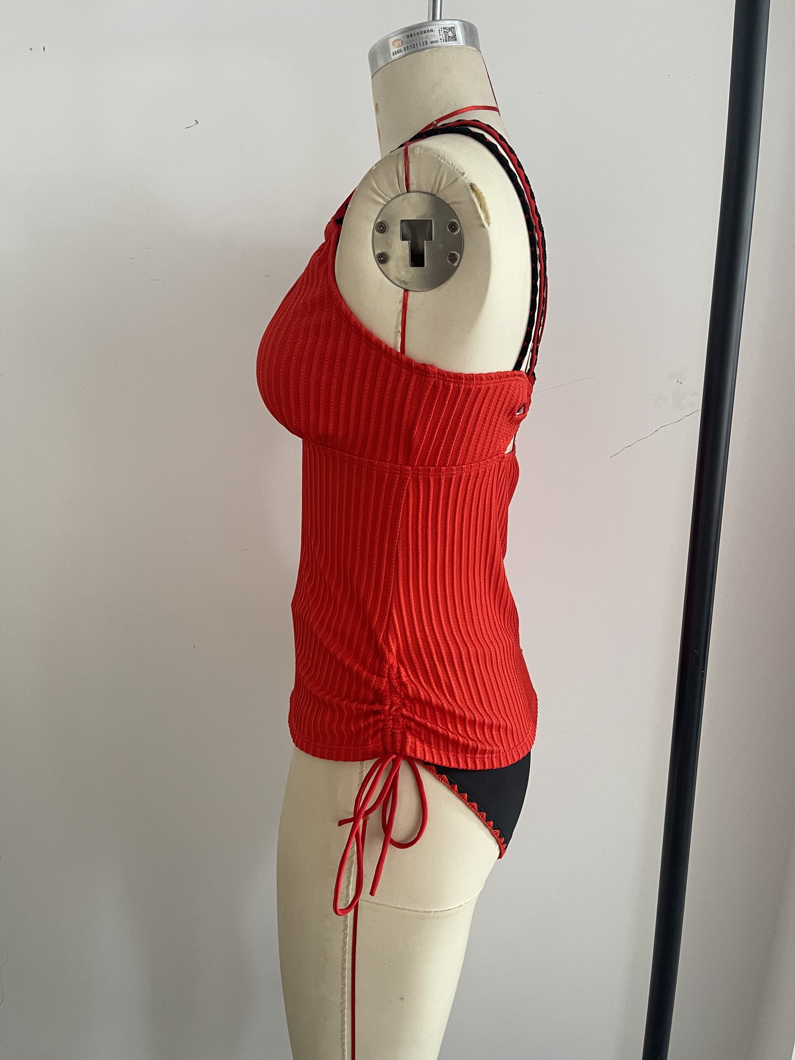 Knitted Hot Red Swimwear Set Featuring a Bold Deep V Cut and Lace-Up Back Detailing Size L