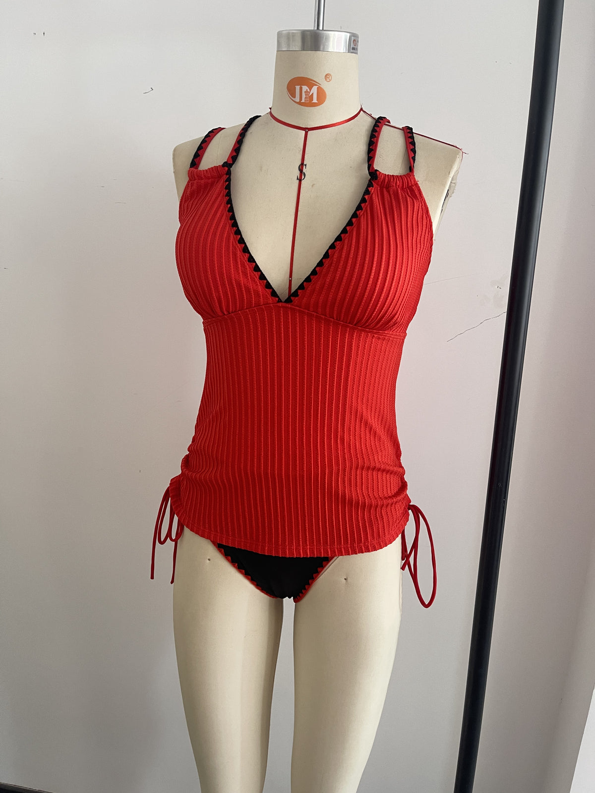Knitted Hot Red Swimwear Set Featuring a Bold Deep V Cut and Lace-Up Back Detailing Size M