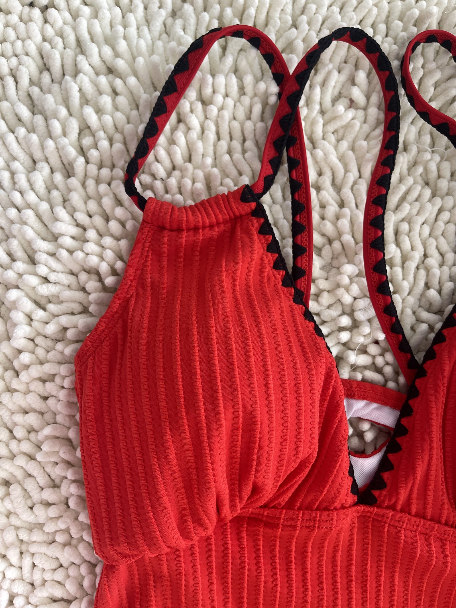 Knitted Hot Red Swimwear Set Featuring a Bold Deep V Cut and Lace-Up Back Detailing Size S