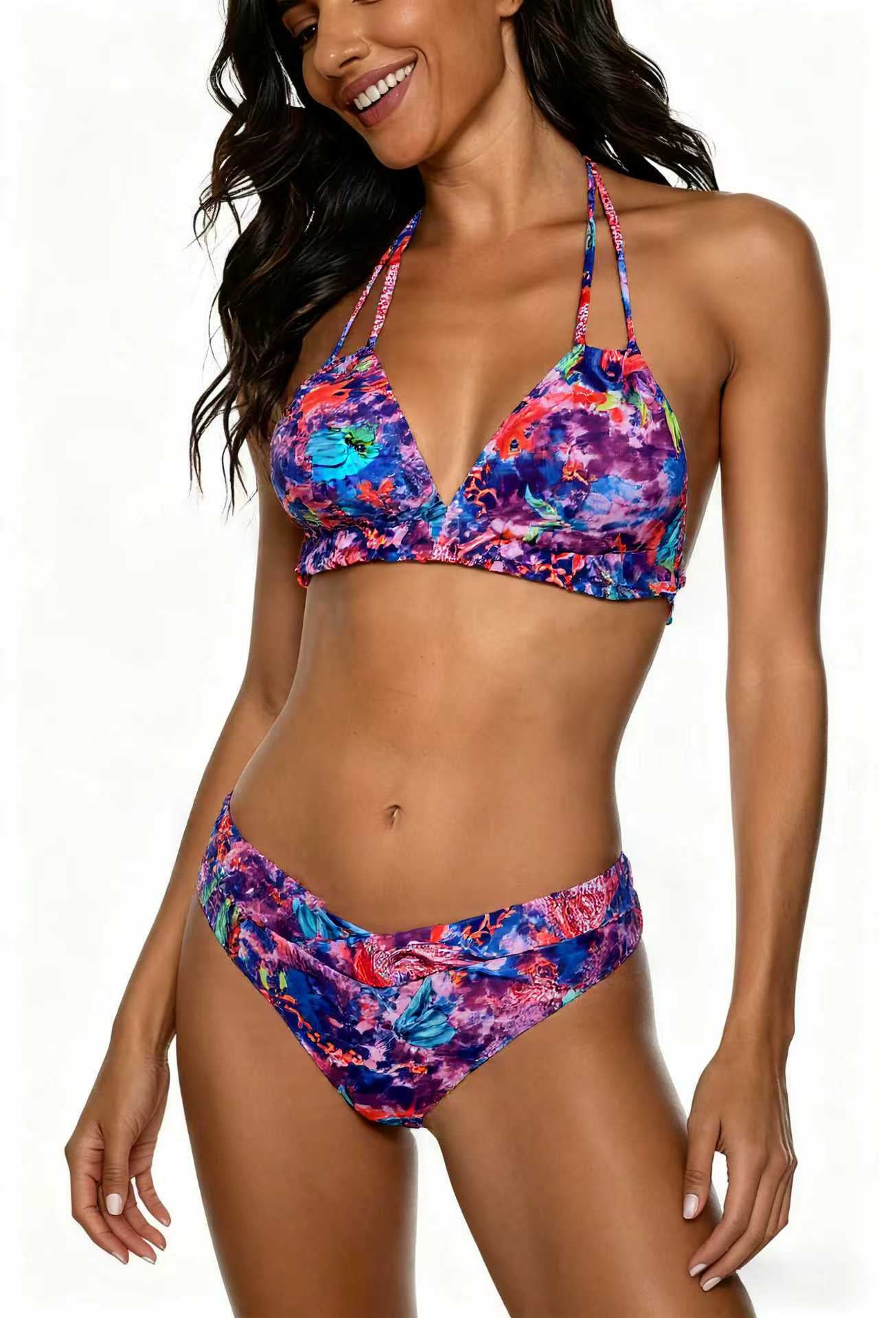 Double Strap Tie-Dye Cosmic Pattern Print Bikini Deep V Swimwear Tie-Dye Swimsuit Size L