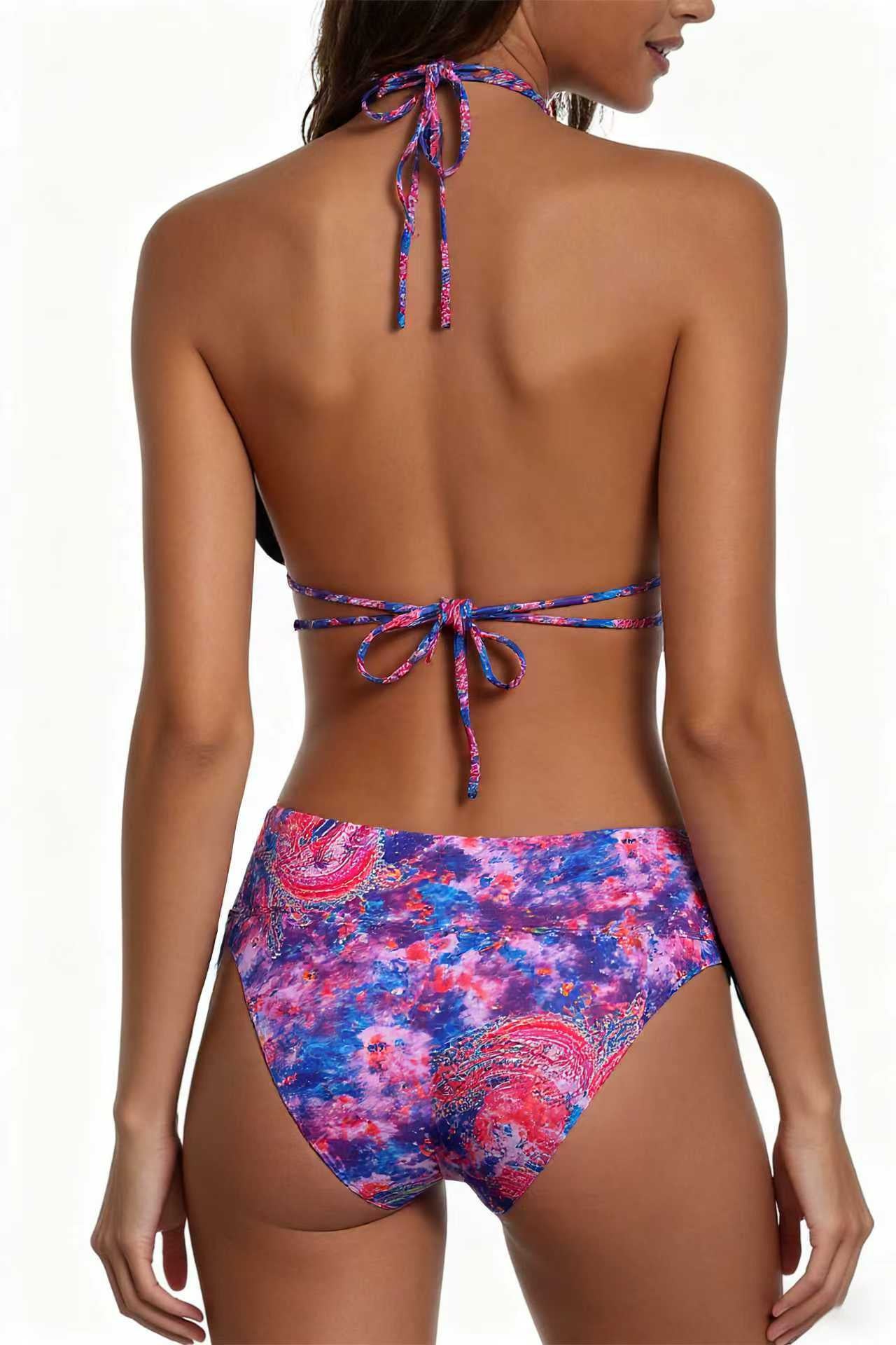 Double Strap Tie-Dye Cosmic Pattern Print Bikini Deep V Swimwear Tie-Dye Swimsuit Size L