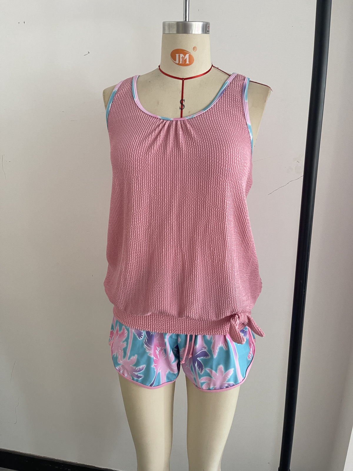 Palm Tree Print Holiday-Style Knit Fabric Two-Piece Swimsuit Size L