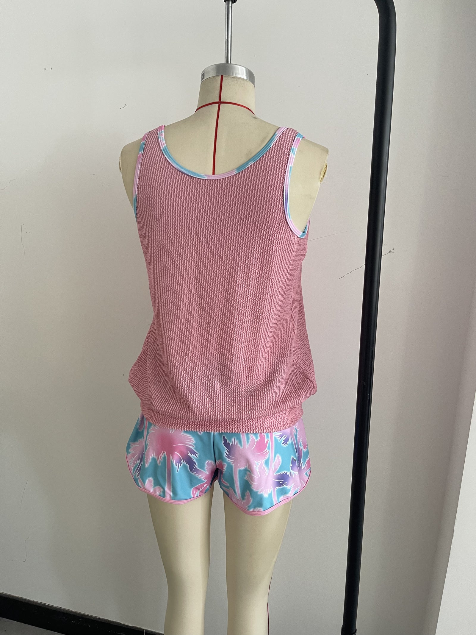 Palm Tree Print Holiday-Style Knit Fabric Two-Piece Swimsuit Size L