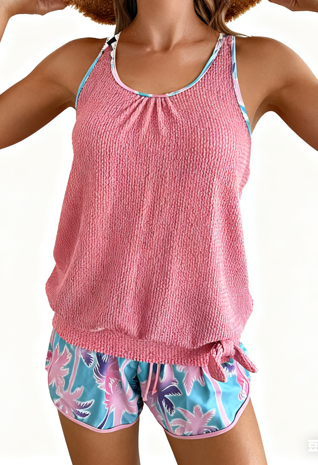 Palm Tree Print Holiday-Style Knit Fabric Two-Piece Swimsuit Size M