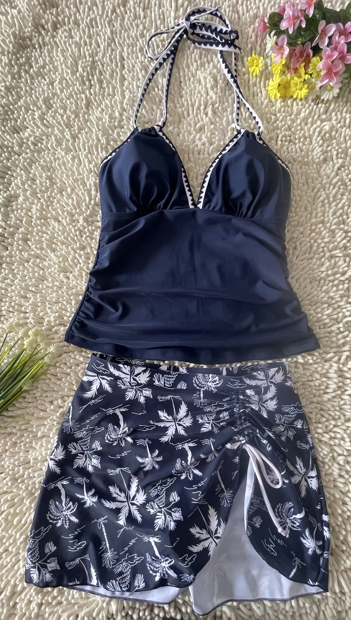 2026 New Sexy Deep V Two Piece Tankini Floral Printed Split Swimsuit Size L