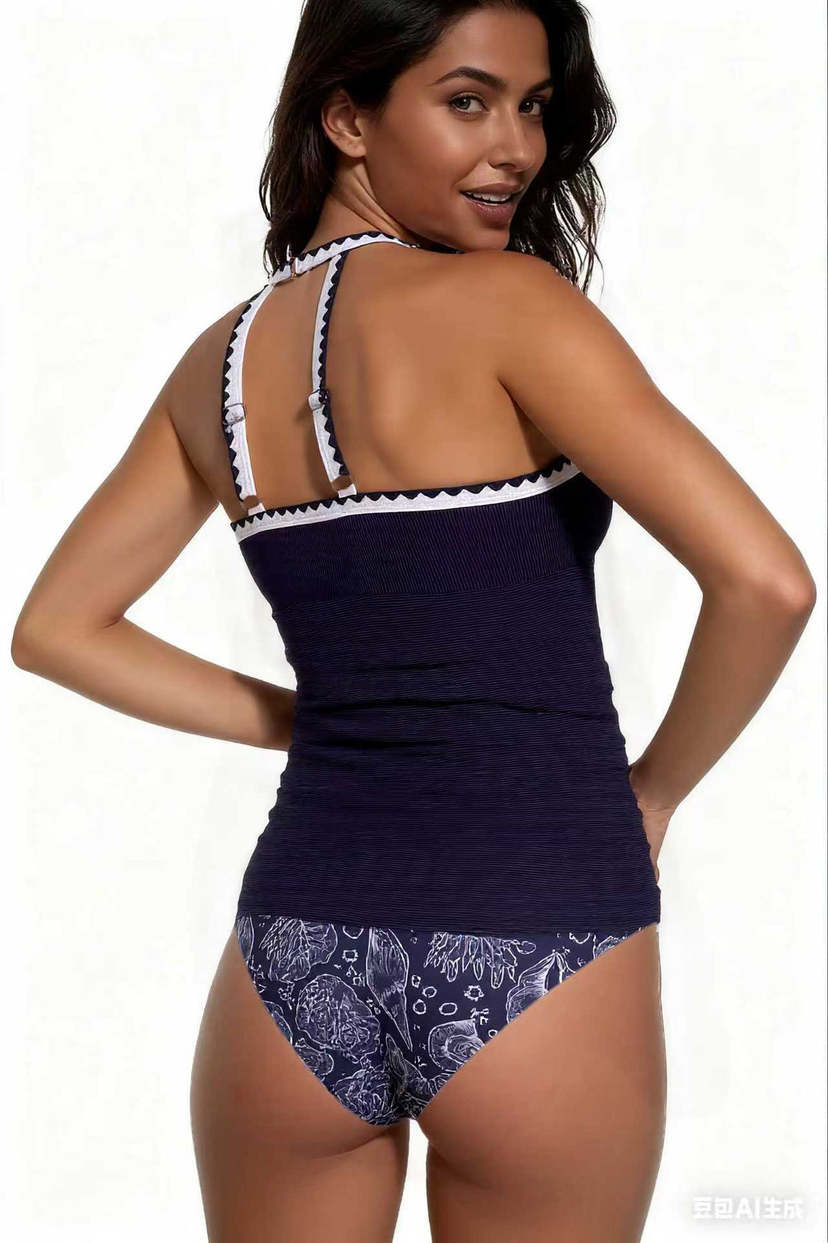 Spot Eco-friendly Fabric Navy Round Neck Swimsuit Sexy Tankini Size L