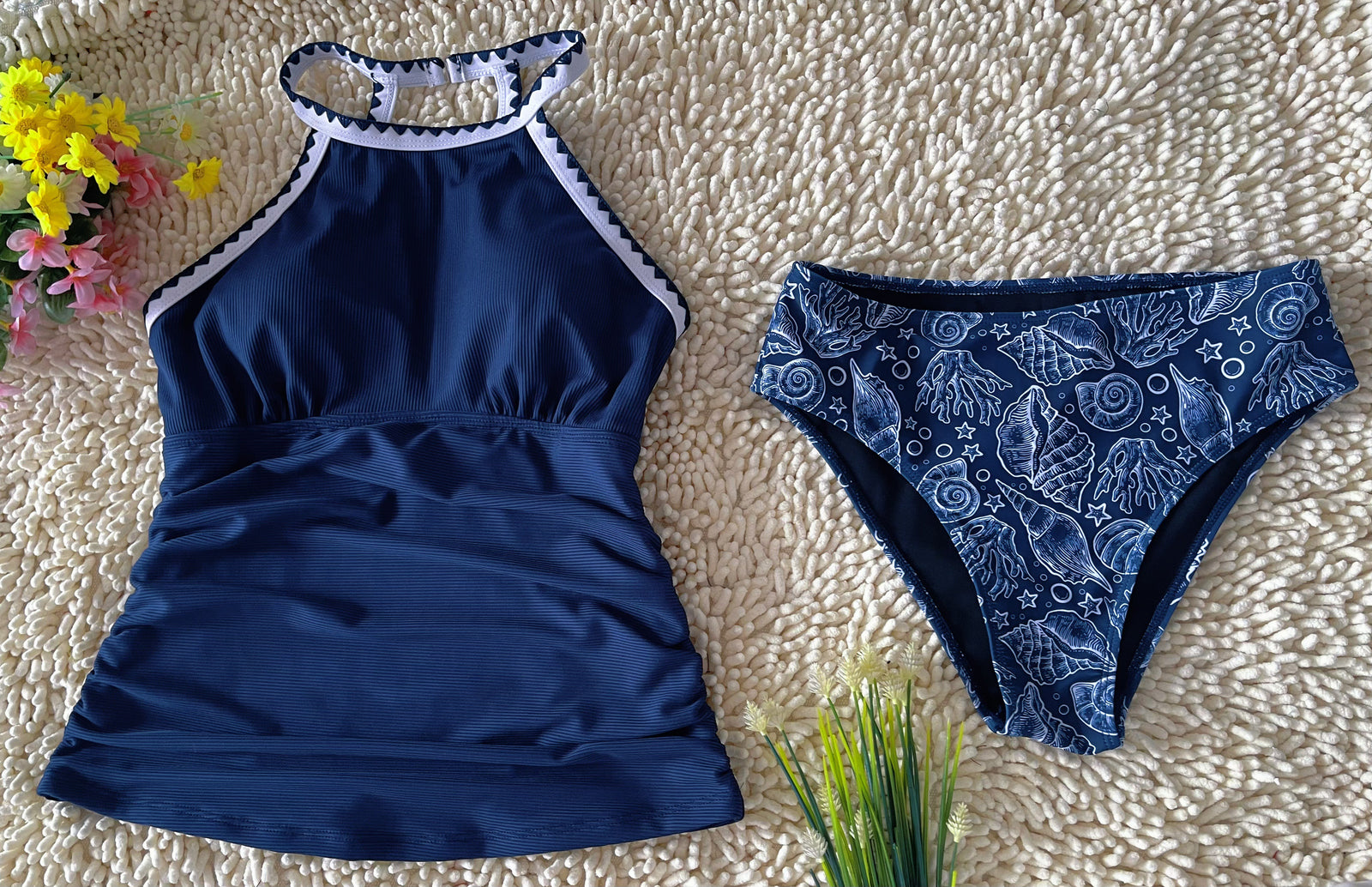 Spot Eco-friendly Fabric Navy Round Neck Swimsuit Sexy Tankini Size XL