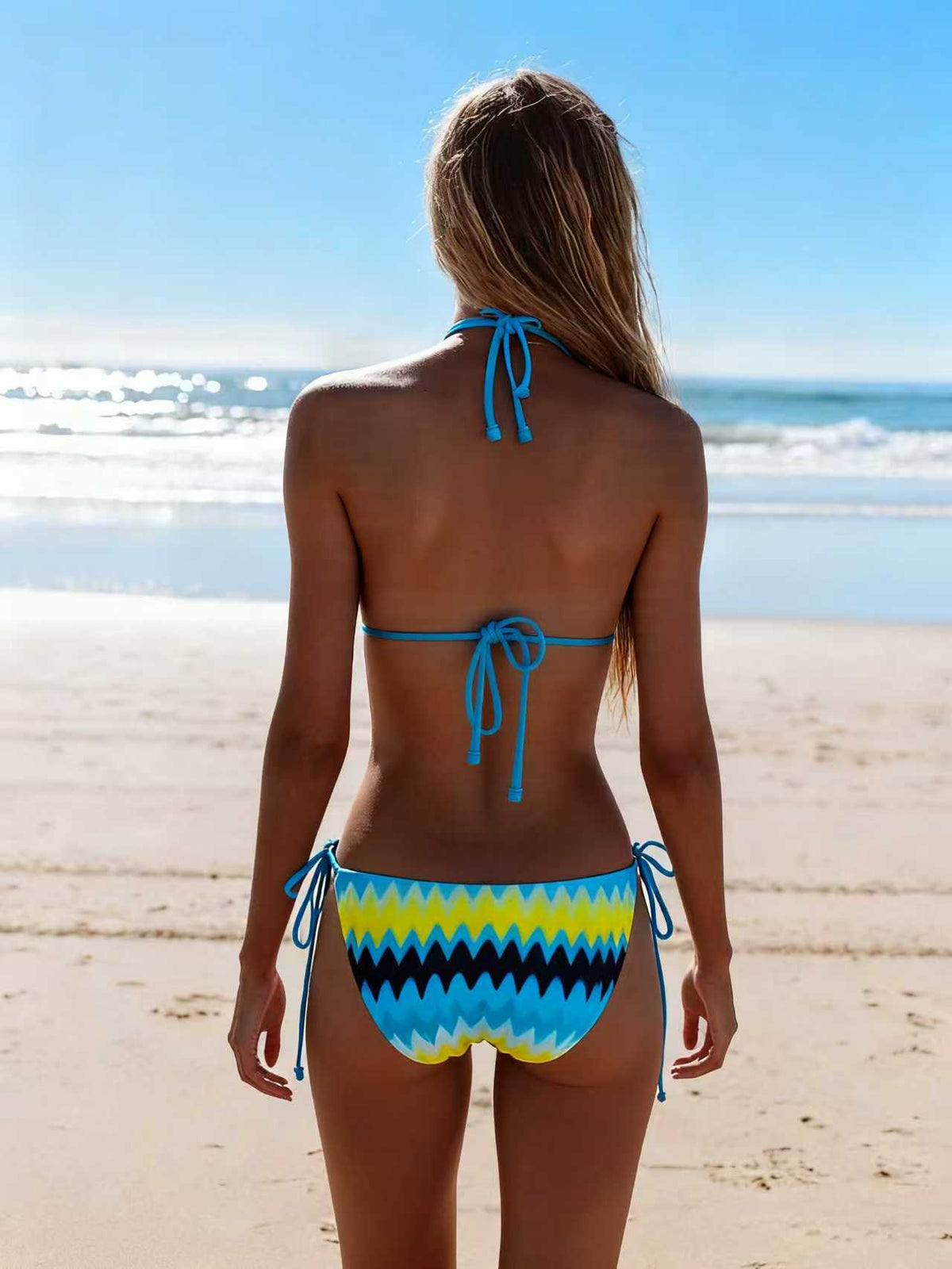2026 New Bikini Yellow and Blue Color Clash Design Swimsuit Wave Pattern Print Eco-friendly Fabric Size S