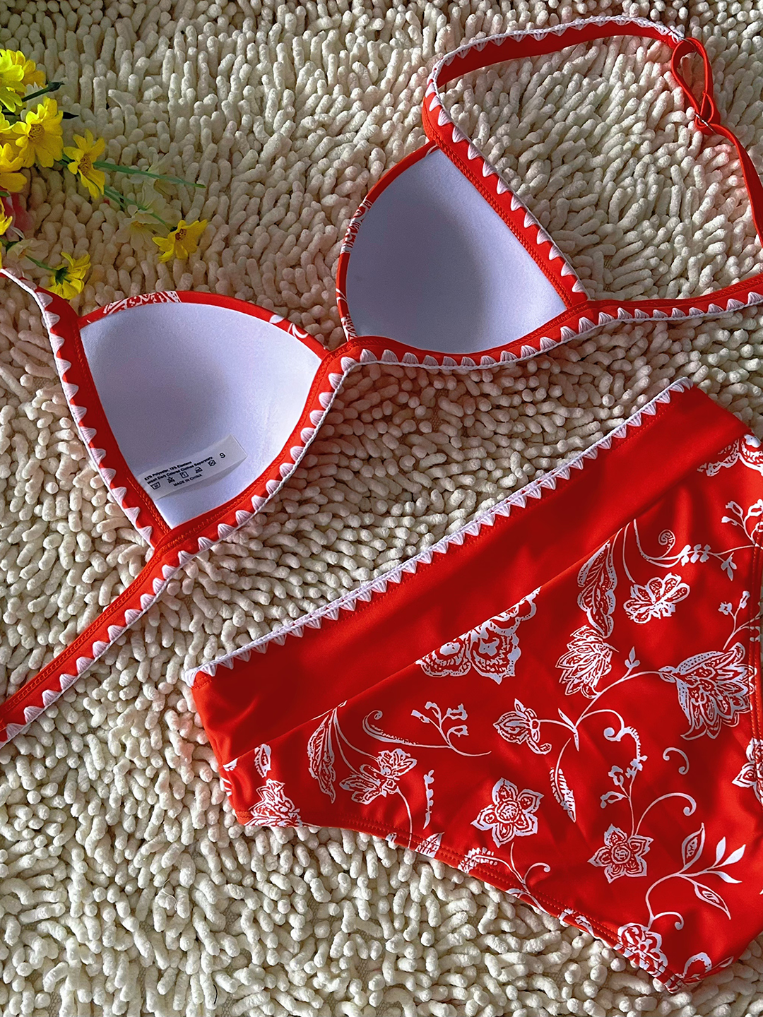 New Hard Cup Bra Padded High Waist Floral Printed Swimsuit Orange Bikini Size XL