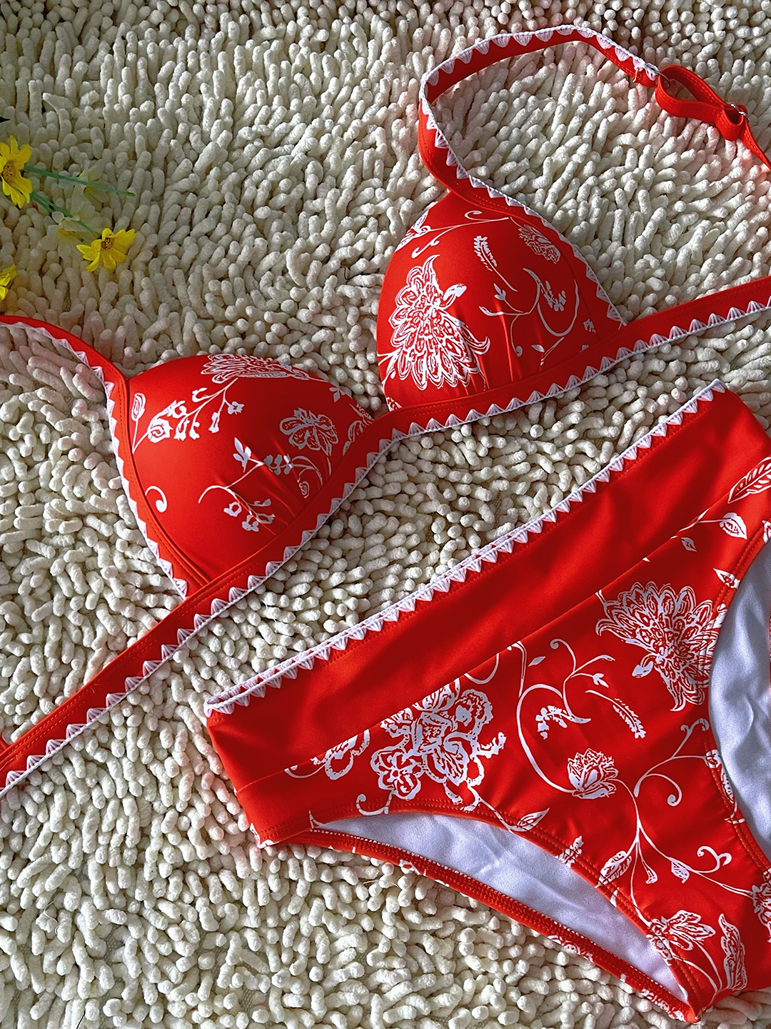 New Hard Cup Bra Padded High Waist Floral Printed Swimsuit Orange Bikini Size XL