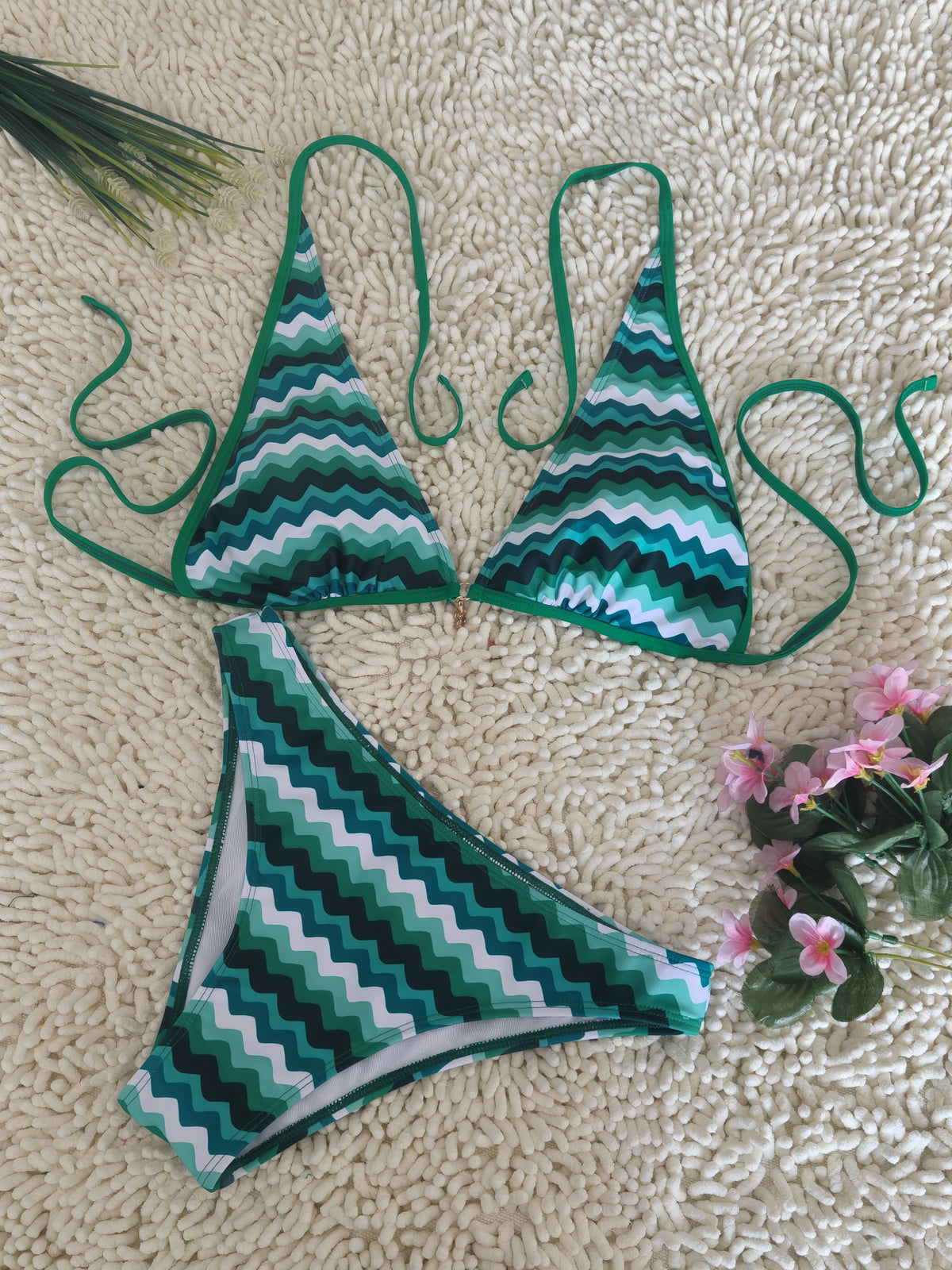 Lake Blue Halter Neck Swimwear with Wave Pattern for Women Size S