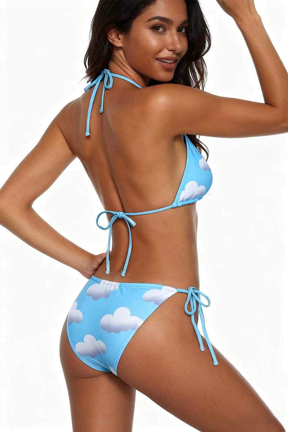 White Clouds Cute Bikini Sky Blue Deep V Tie Swimsuit Size L
