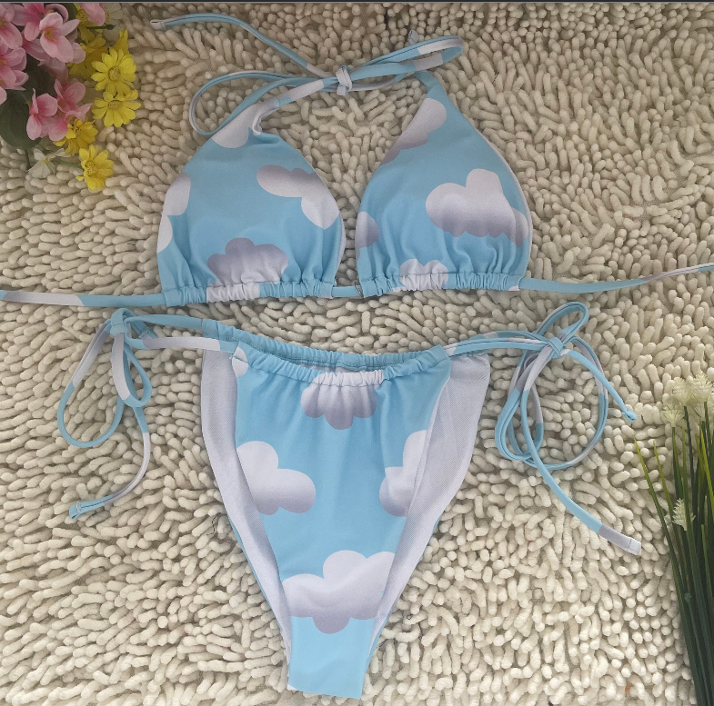 White Clouds Cute Bikini Sky Blue Deep V Tie Swimsuit Size XL