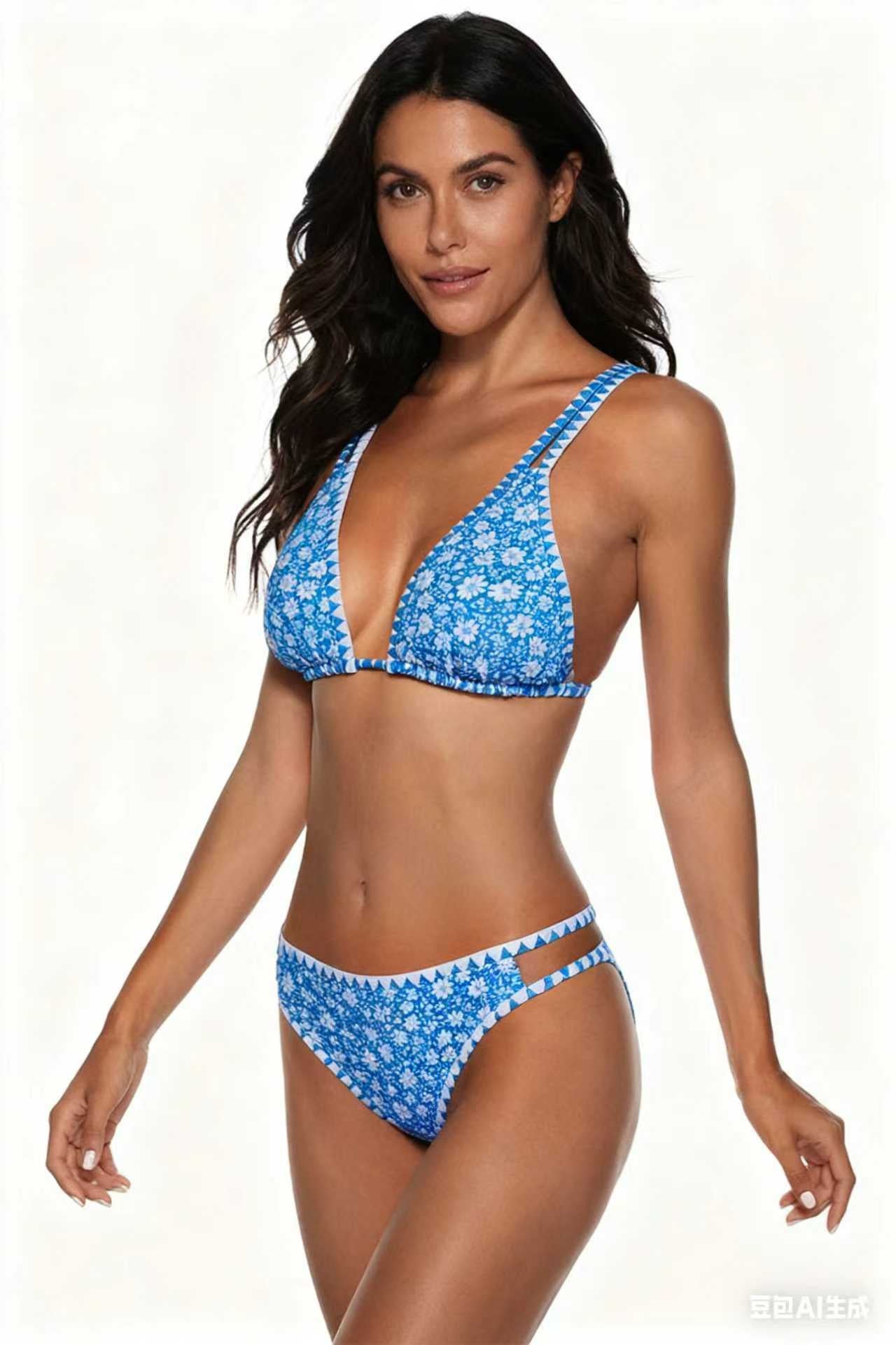Adjustable Strap Blue Floral Print Swimwear Set Size L