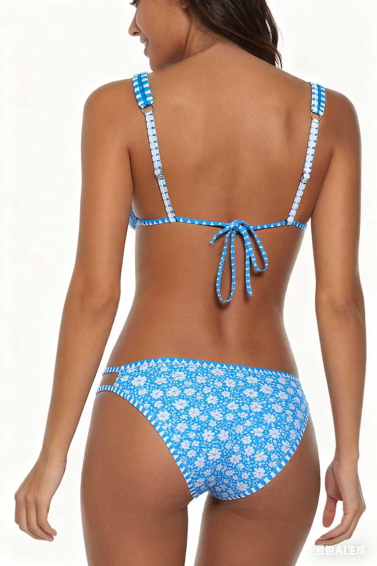 Adjustable Strap Blue Floral Print Swimwear Set Size L