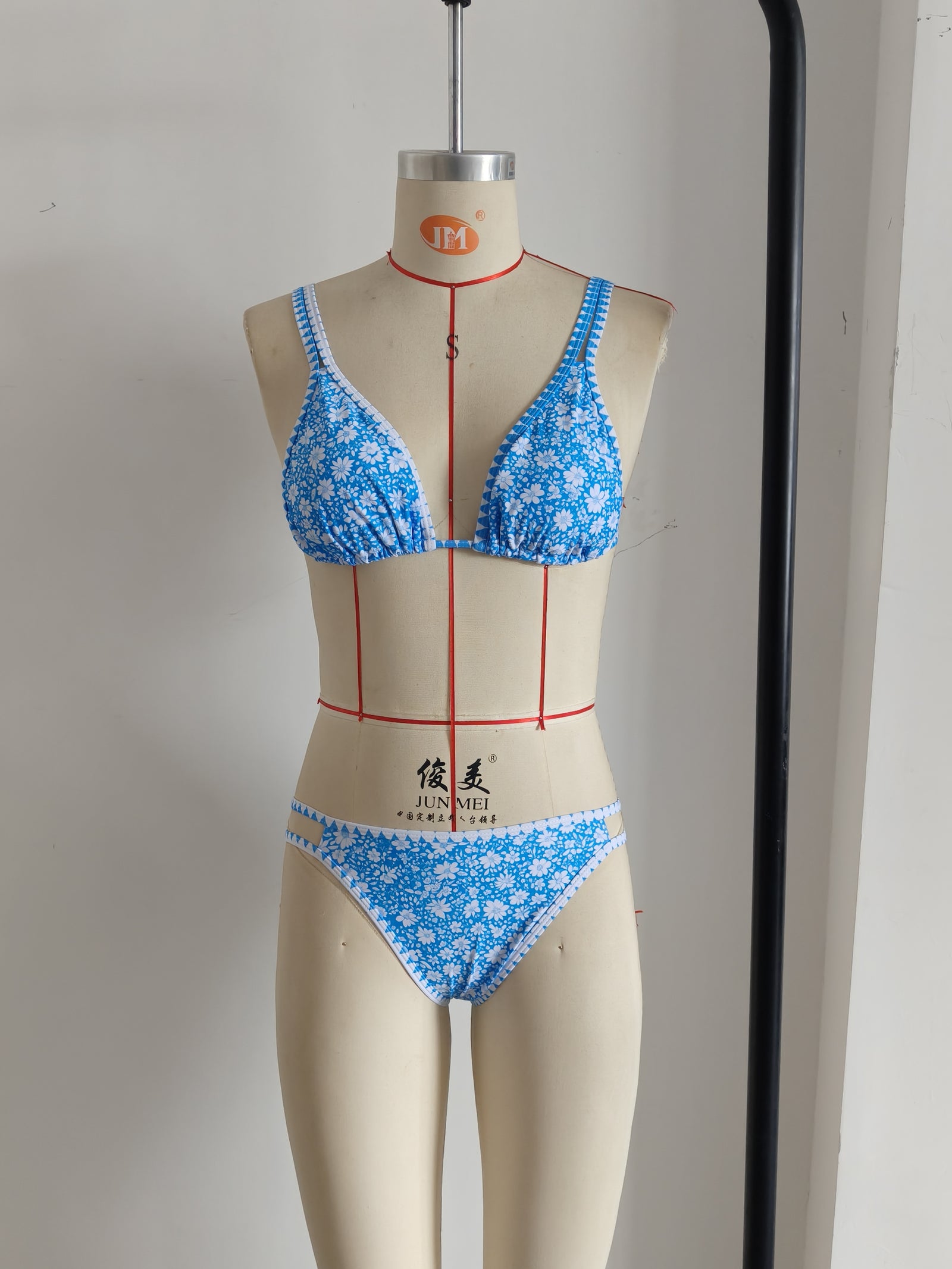 Adjustable Strap Blue Floral Print Swimwear Set Size S
