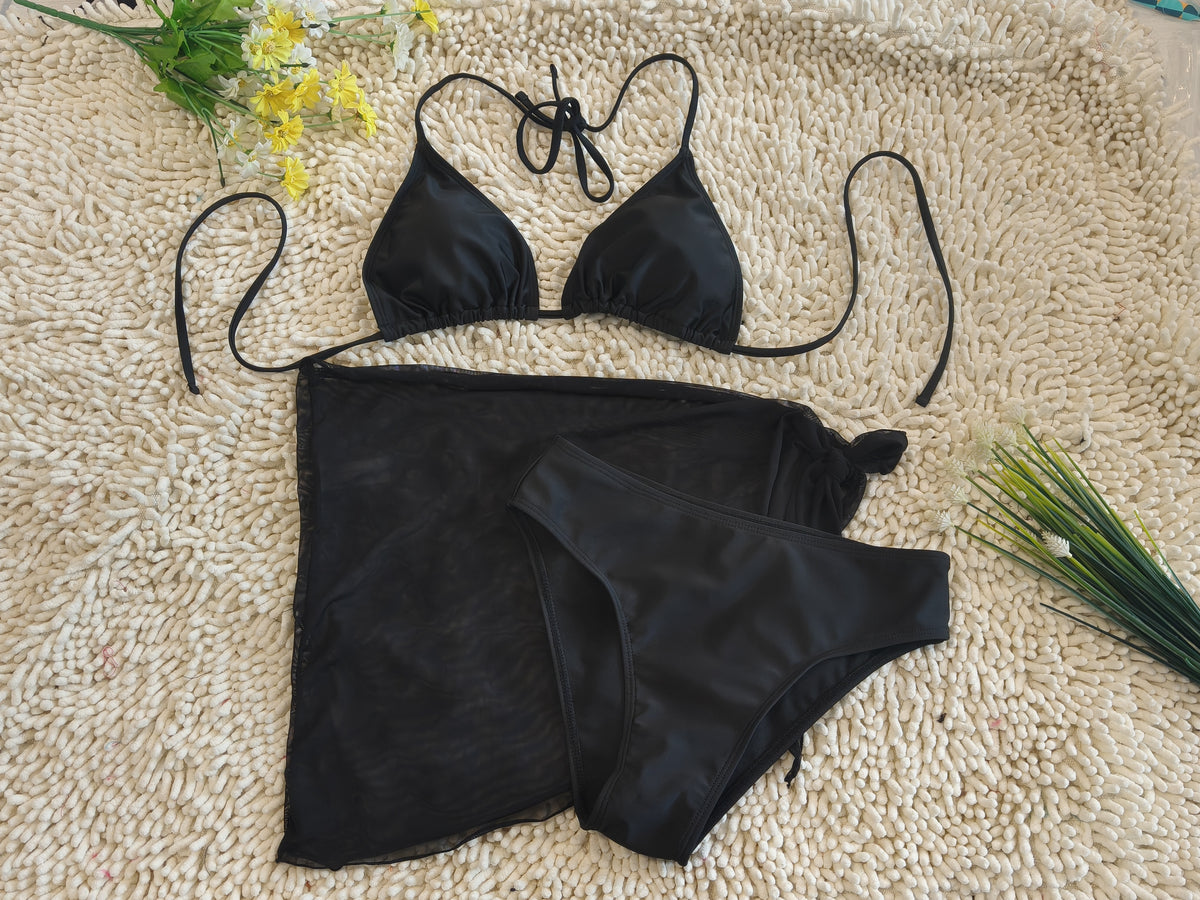 Three Piece Bikini Gauze See Through Sexy Deep V Black Swimsuit Size XL