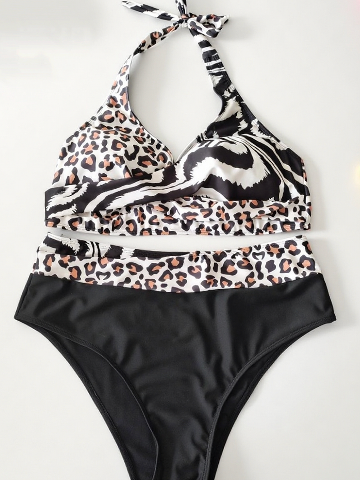 Two Leopard Print Patterns Sspliced Plus Size Bikini Size 1XL