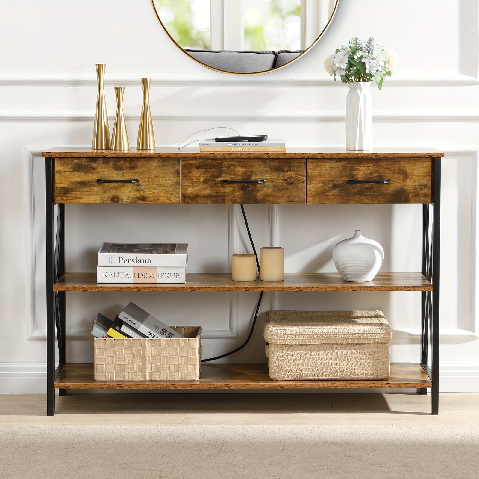 Console Table with 3 Drawers, Industrial Entryway Table with 3 Tier Storage Shelves
