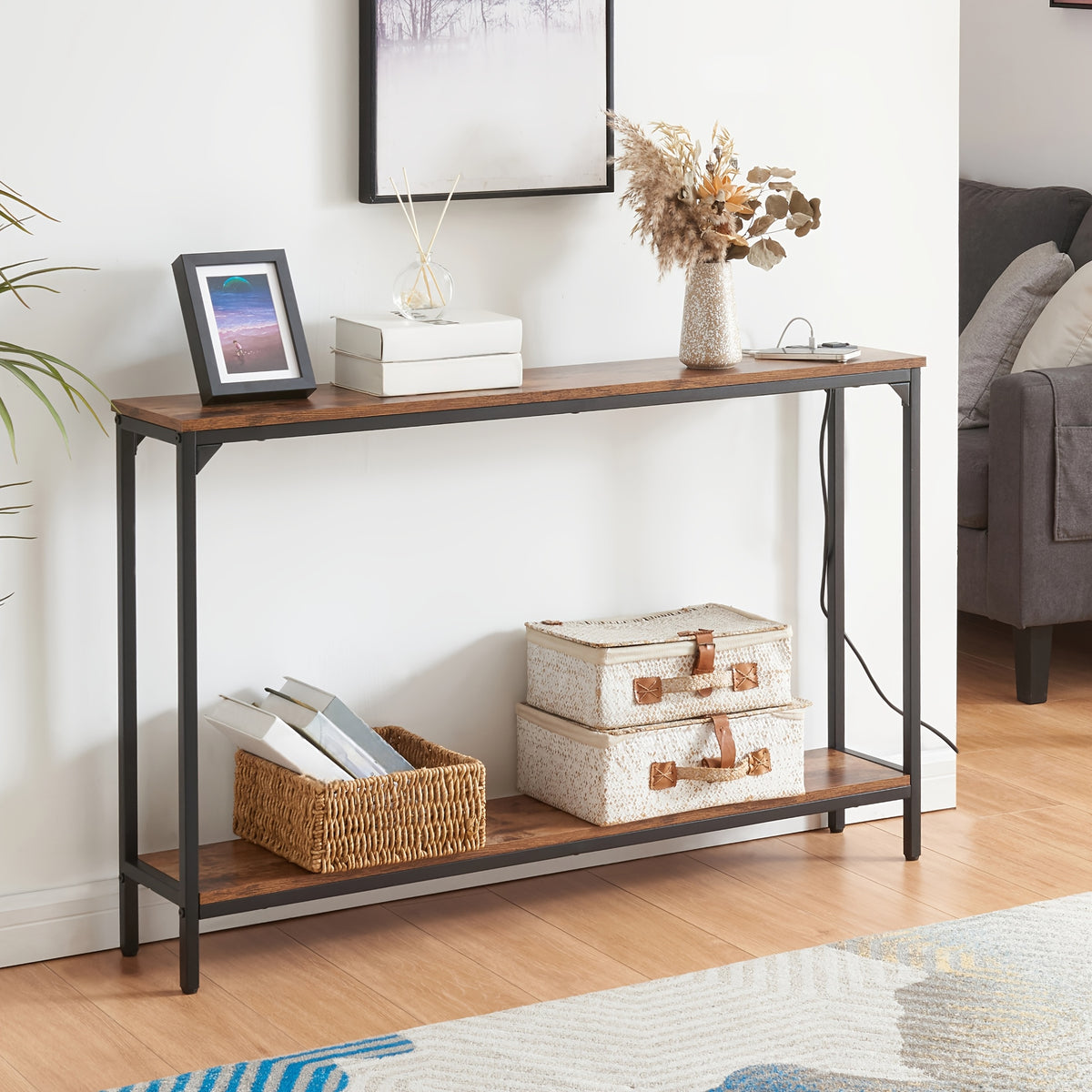 2 Tier Console Table with Power Outlets and USB Ports, Wood Entryway Table with Charging Station &amp; Storage Shelf, Narrow 2-Tier Sofa Table for Living Room Hallway Foyer