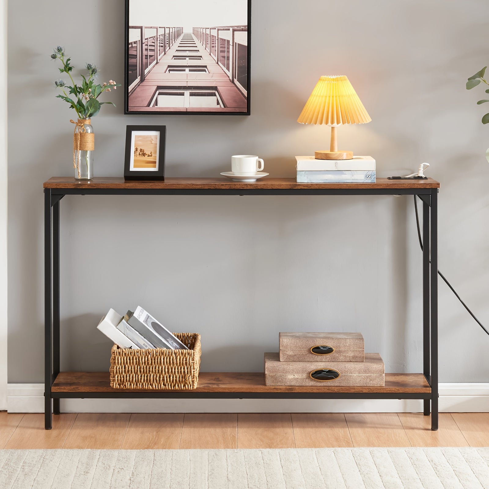 2 Tier Console Table with Power Outlets and USB Ports, Wood Entryway Table with Charging Station & Storage Shelf, Narrow 2-Tier Sofa Table for Living Room Hallway Foyer