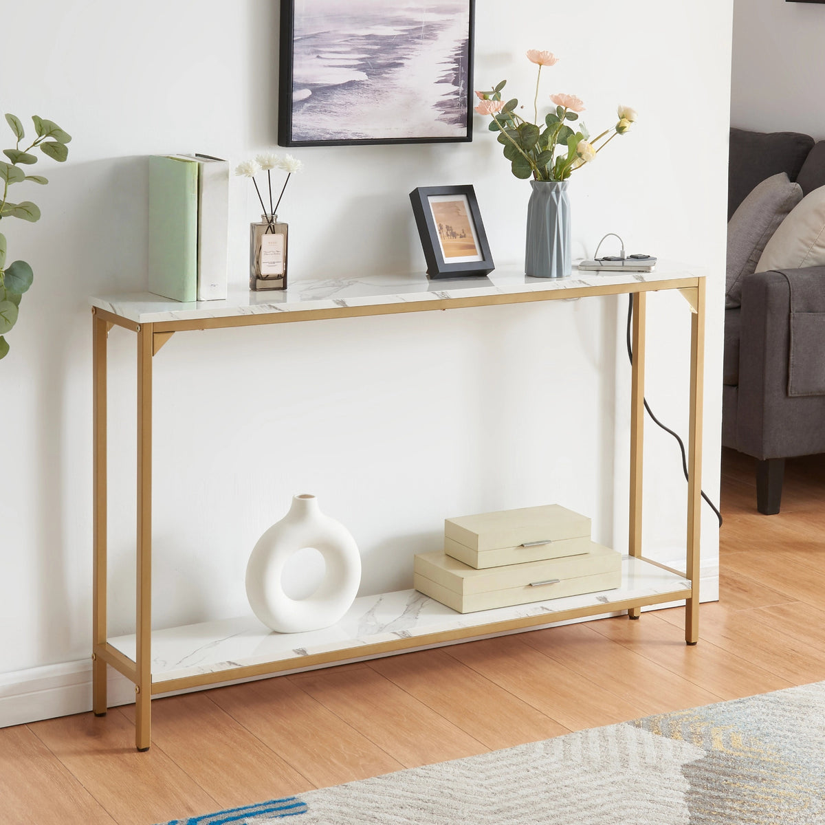 2 Tier Console Table with Power Outlets and USB Ports, Wood Entryway Table with Charging Station &amp; Storage Shelf, Narrow 2-Tier Sofa Table for Living Room Hallway Foyer