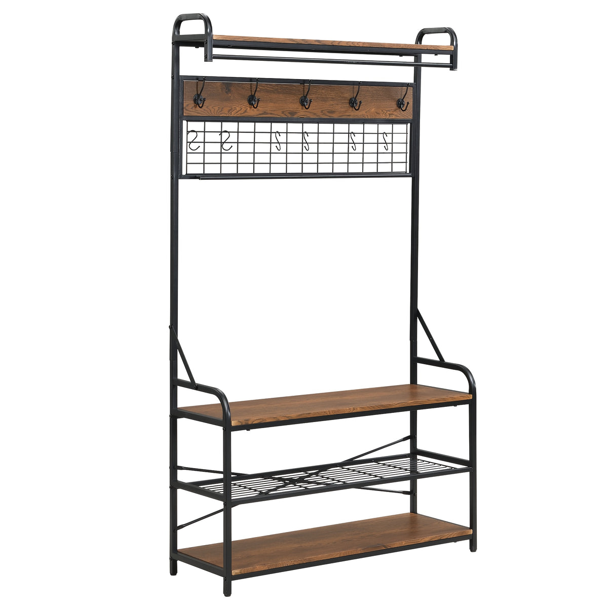 5-in-1 Entryway Hall Tree and 3 Tier Storage Bench, Pipe Style Coat Rack with 9 Hooks, Rustic Brown
