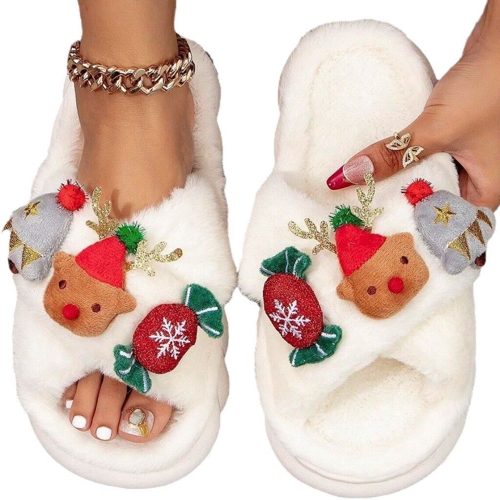 Christmas Cartoon Plush Slippers, Unisex Lightweight Thick-Soled Anti-Slip Fuzzy Slippers for Couples &amp; Family(white)