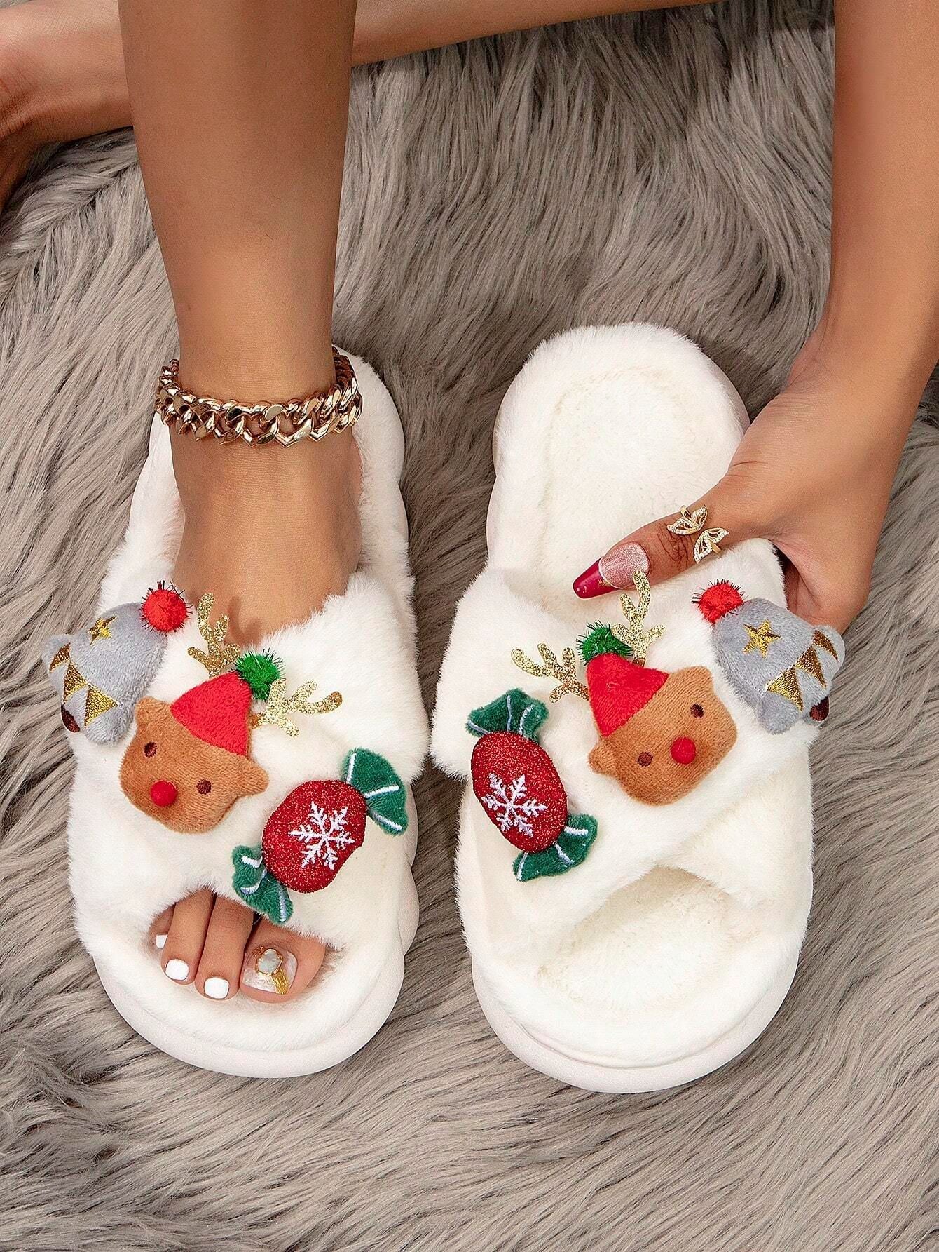 Christmas Cartoon Plush Slippers, Unisex Lightweight Thick-Soled Anti-Slip Fuzzy Slippers for Couples & Family(white)