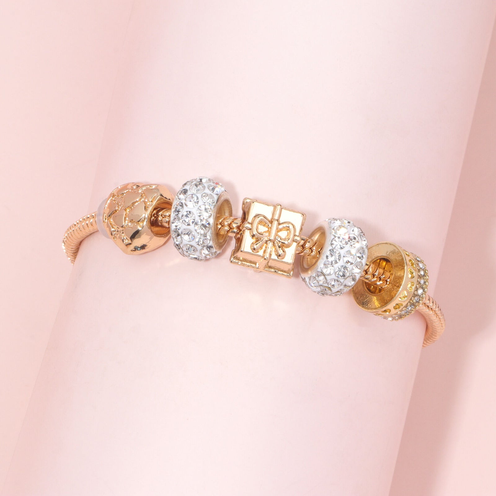 Rose Gold Crystal & Heart Charm Bracelet(rose gold,16cm)