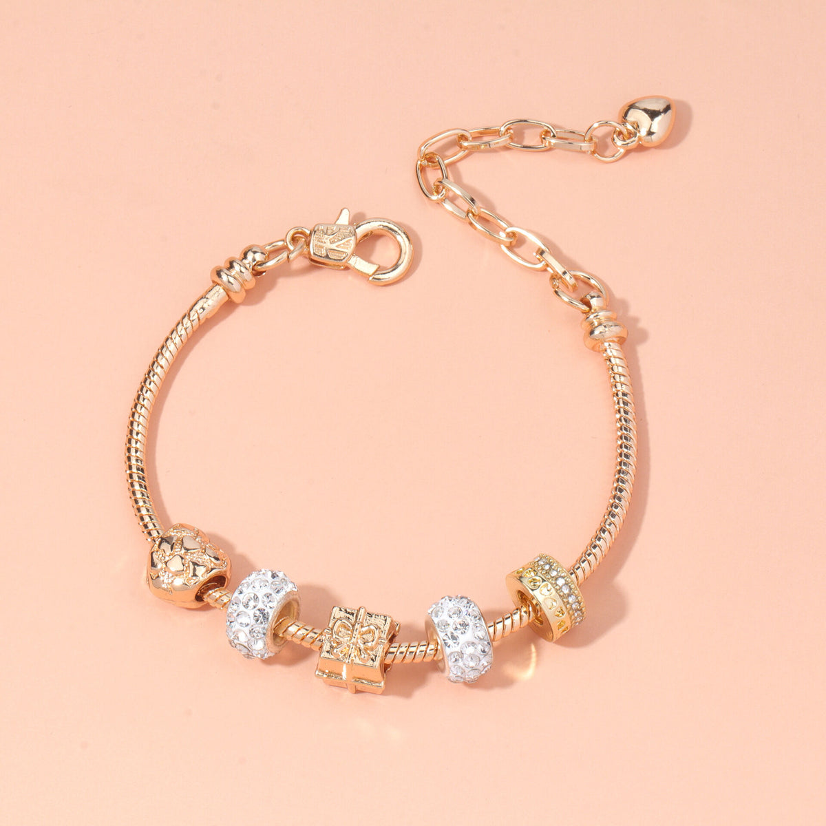 Rose Gold Crystal & Heart Charm Bracelet(rose gold,19cm)