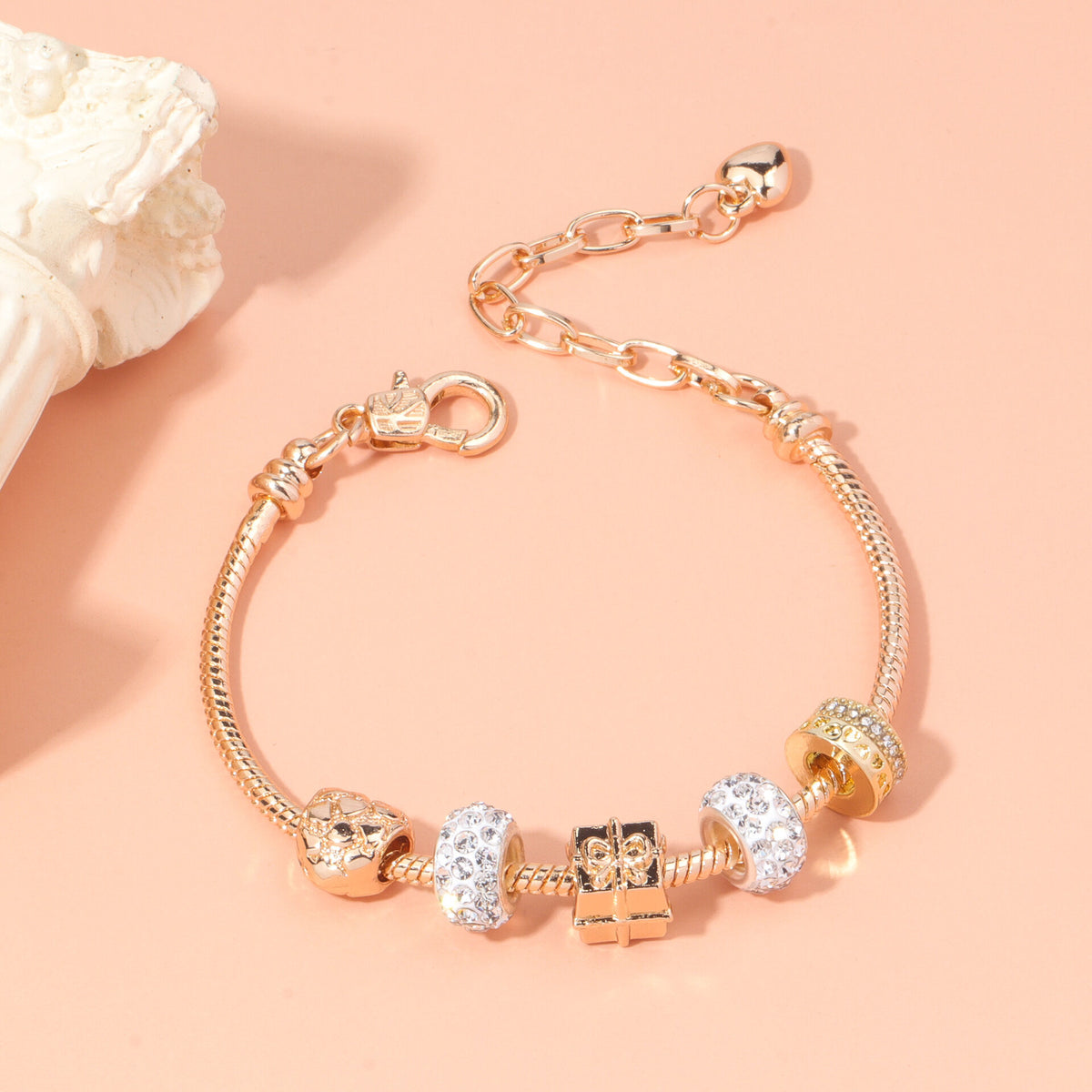 Rose Gold Crystal &amp; Heart Charm Bracelet(rose gold,20cm)