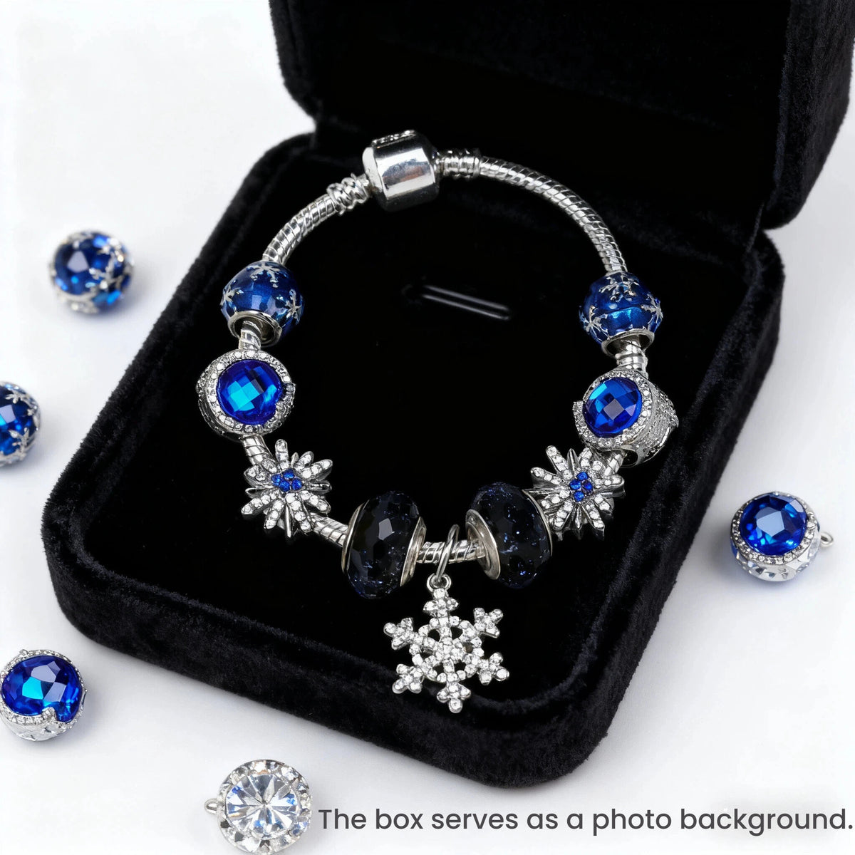 Rhinestone Blue Cat’s Eye Starry Glaze Beads Bracelet with Snowflake Pendant(17cm)