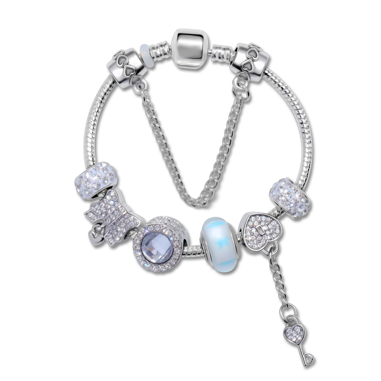 Rhinestone Cat's Eye Glass Bead Charm Bracelet - Heart Lock Pendant(16cm)