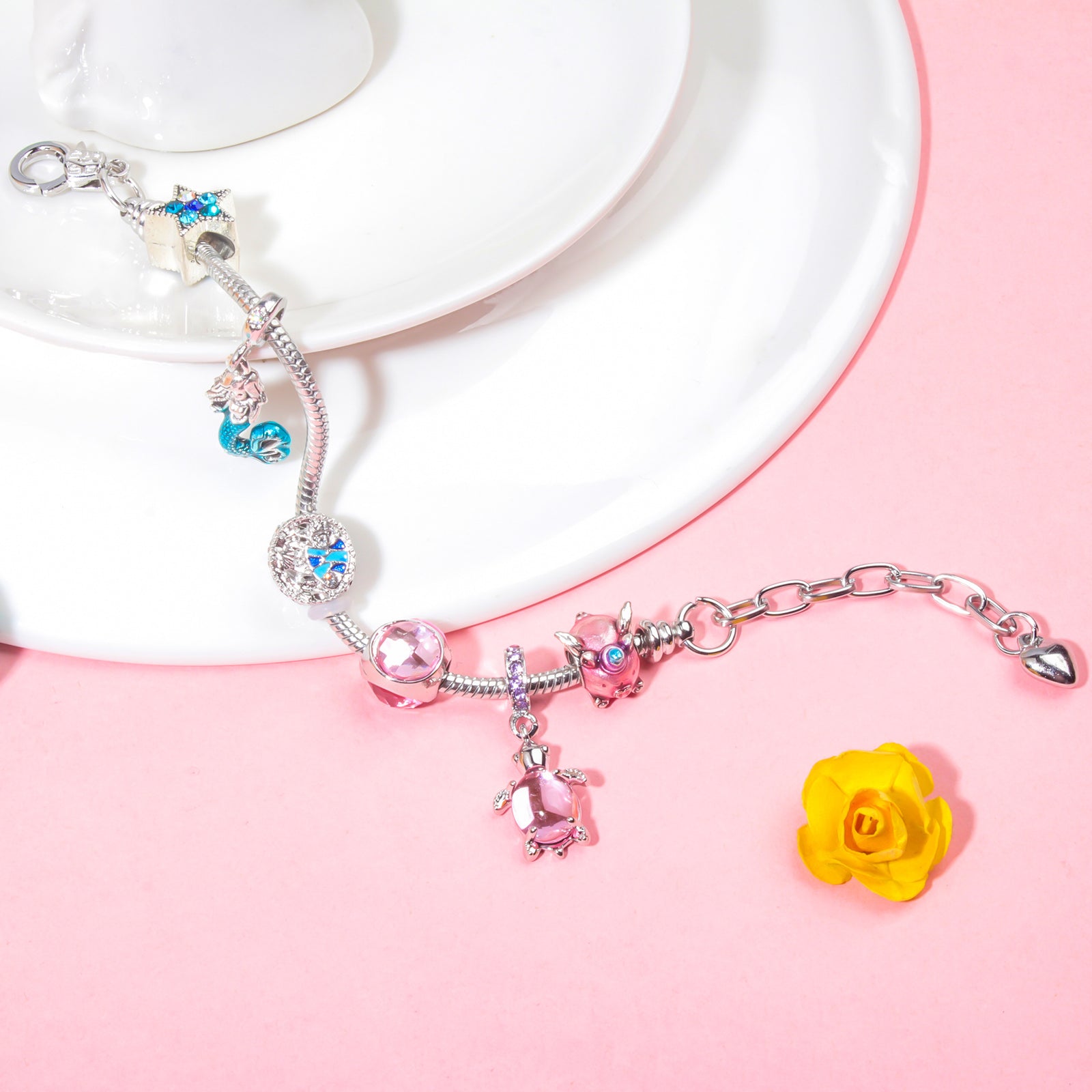 Rhinestone Star Alloy Bracelet with Mermaid & Turtle Charms Cute Pig & Glass Beads Jewelry(19cm)